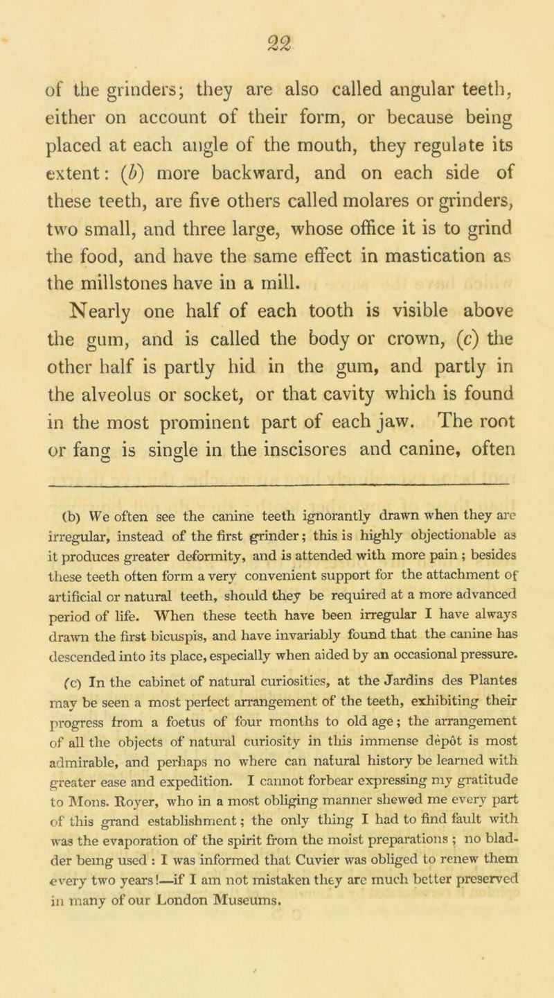of the grinders; they are also called angular teeth, either on account of their form, or because being placed at each angle of the mouth, they régula te its extent : (/;) more backward, and on each side of these teeth, are five others called molares or grinders, two small, and three large, whose office it is to grind the food, and hâve the same effect in mastication as the millstones hâve in a mill. Nearly one half of each tooth is visible above the gum, and is called the body or crown, (c) the other half is partly hid in the gum, and partly in the alveolus or socket, or that cavity which is found in the most prominent part of each jaw. The root or fans is single in the inscisores and canine, often O O (b) We often see the canine teeth ignorantly drawn when they are irregular, instead of the first grinder ; this is highly objectionable as it produces greater deformity, and is attended with more pain ; besides these teeth often form a very convenient support for the attachment of artificial or natural teeth, should they be required at a more advanced period of life. When these teeth hâve been irregular I hâve always drawn the first bicuspis, and hâve invariably found that the canine lias descended into its place, especially when aided by an occasional pressure. (c) In the cabinet of natural curiositics, at the Jardins des Plantes mav be seen a most perfect arrangement of the teeth, exliibiting their progress from a foetus of four months to old âge ; the arrangement of ail the objects of natural curiosity in tins immense dépôt is most admirable, and perhaps no where can natural history be learned with greater ease and expédition. I cannot forbear expressing my gratitude to Mous. Royer, who in a most obliging manner shewed me every part of this grand establishment ; the only tliing I had to find fault with was the évaporation of the spirit from the moist préparations ; no blad- der bemg used : I was informed that Cuvier was obliged to renew them every two years!—if I am not mistaken they are much better preserved in many of our London Muséums.