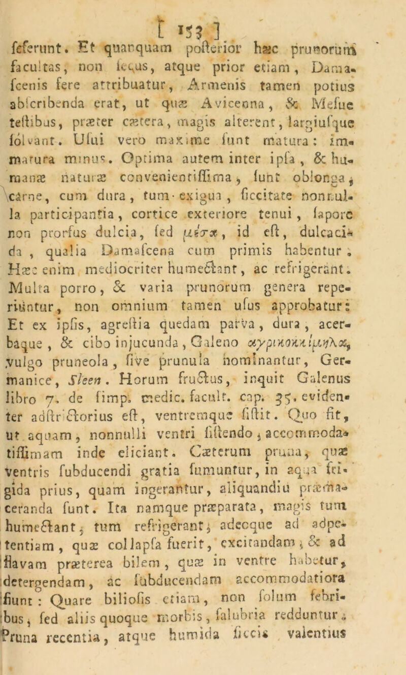 t 15? ].. feferunt. Et quarquam paiTerior hac prunorum facultas, non ict,us, atque prior etiam, Dama, fcenis fere attribuatur, Armenis tamen potius abicribenda erat, ut qu^ Avicecna, & Mefue tdhbas, praeter cetera, magis alterent, largiufque folvant. Uiui vero maxime funt matura: im« marura minus. Optima autem inter ipfa, & hu- mante naturas ccnvenienriffirna, furit oblonoa, carne, cum dura, tum-exigm, ficcitate nonnul- la participantia, cortice exteriore tenui, faporc non prorfus dulcia, fed t-iSTX, id eft, dulcaci* da , qualia Damafcena cum primis habentur ; Ha;: enim mediocriter humefifcant, ac refrigerant. Multa porro, & varia prunorum genera repe- riuntur, non omnium tamen ufus approbatur; Et ex ipfis, agreftia quedam parva, dura, acer- baque , & cibo injucunda , Galeno oiypmomi^Xos, .vulgo pruneola, five prunula nominantur, Ger- manice, Sleen. Horum fruchus, inquit Galenus libro 7. de fimp. medie, facul?, cap. 35. eviden- ter adftr chorius eft, ventremque fiftit. Quo fit, ut aquam , nonnulli ventri fidendo i accommoda* tiflimam inde eliciant. Ceterum pruna, qua: Ventris fubducendi gratia fumantur, in aqua fri- gida prius, quam ingerantur, aiiquandiu praema- ceranda funt. Ita namque praeparata, magis tum humefhant, tum refrigerant* adecque ad adpe- itentiam, qua: collapfa fuerit, excitandam \ oc ad 'flavam praeterea bilem , quee in ventre haoe-tur, detergendam, ac labducendam accommodatiora fiunt: Quare bilioHs etiam, non folum febri- bus, fed aliis quoque morbis, falubria redduntur,, ftruna recentia, atque humiua ficn< valentius