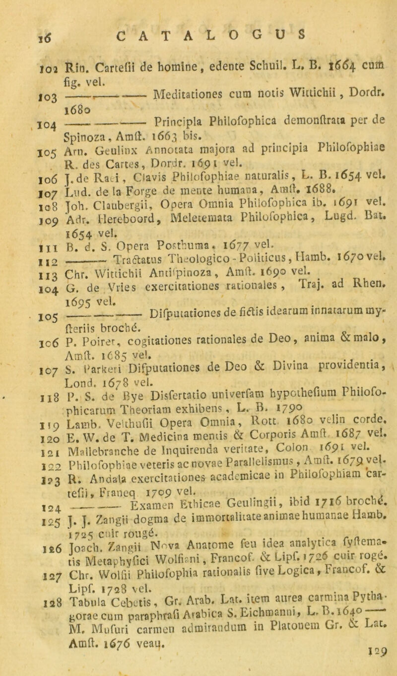 102 Rio. Canetti de homine, edente Schuil. L, B. 1664 cum fig. vel. 103 _—, Meditationes cum notis Wiuichii, Dordr. 1680 104 Principla Philofophica demonftrata per de Spinoza, Am IL 1663 bis. 105 Am. Geulinx Annotata majora ad principia Philofophiae R. des Cartes, Dordr. 1691 vel. 106 J. de Raû, Clavis Philofophiae naturalis, L. B. 1654 vel* 107 Lud. de la Forge de mente humana, Arall, 1688. 108 joh. Claubergii, Opéra Omnia Philofophica ib. 1691 vel. 109 Adr. llereboord, Meletemata Philofophica, Lugd. Bat. 1654 vel. 111 B. d. S. Opéra Posthuma. 1677 vel- 112 Tra&atus Theologico-Politicus, Ilamb. iô/ovel. 113 Chr. Wittichii Antüpinoza, Amft. 1690 vel. . 104 G. de Varies exercitationes rationales , Traj. ad Rhen. 1695 vel. . ., 105 Difpuiationes de fi élis idearum mnatarum rny- fleriis broché. . ic6 P. Poirer, cogitationes rationales de Deo, anima ûcmalo, Am H;. 1685 vel. . . 107 S. Parkeri Difpuiationes de Deo & Divina providentia, Lond. 1678 vel. 118 P. S. de Bye Disfertatio univerfam hypothefium 1-hiiolo- phicarum Theoriam exhibens, L. B. 179° 119 Lamb. Velthufii Opéra Omnia, Rott 1680 vdin corde. 120 E. W. de T. Medicina mentis & Corporis Amft 1687 ve.. 121 Mallebranche de lnquirenda veritate, Colon 1691 vel. 122 Philofophiae veteris ac novae Parallelismus, Amft. 1679 vel. j?3 R. Andala exercitationes acadcmicae in Philolophiam car- tefii» Franeq 1709 vel. 124 Examen Ethicne Geulmgii, îbid 1716 broche. j 05 ]. J. Zangü dogma de immortalitateanimaehumanae Hamb. 1725 cuir rougé. . _ jêô Toach. Zangii Nova Anatome feu idea analytica fyltema- tis Metapbyfici Wolfirni, Francof. & Upf. cuir rogé. 127 Chr. Wolfii Philofophia rationalis fiveLogica, brancot. oc Lipf. 1728 vel. . . 128 Tabula Cebetis, Gr. Arab. Lat. item aurea carmma Pytha- gorae cum paraphrafi Arabica S. Eichmanni» L. B. 164° M. Mufuri carmon admirandum in Platonem Gr. 0: Dat. Amft. 1676 veaq. I29