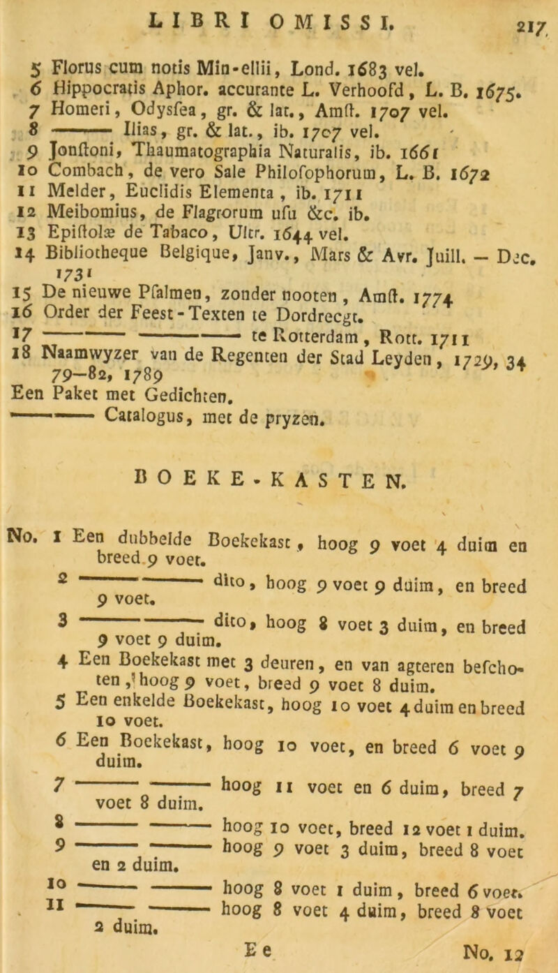 LIBRI OMISSI. 21/, 5 Florus cum nous Min-ellii, Lond. 1^83 vel. 6 Hippocratis Aphor. accurante L. Verhoofd, L. B. 167s» 7 Homeri, Odysfea, gr. & lac., Am(K 1707 vel. S Ilias, gr. & lat., ib. 1707 vel. 9 Jonftoni, Tkaumatographia Naturalis, ib. 1661 10 Combach, de vero Sale Philofophorum, L. B. 1672 11 Melder, Eucüdis Elementa , ib. 1711 12 Meibomius, de Flagrorum ufu &c. ib. 13 Epiftolæ deTabaco, Ulcr. 1644 vel. 14 Bibliothèque Belgique, Janv., Mars & Avr. Juill. - Dec. * 73* 15 De nieuwe Pfalmen, zonder nooten , Arnft. 1774 16 Order der Feest-Texten te Dordrecgt. 17 1 - te Pvotterdam , Rott. 1711 18 Naamwyzer van de Regencen der Stad Leyden. 1720. a* 79-82, 1789 •/ y a* Een Paket met Gedichren. Catalogus, met de pryzen. BOEKE-KASTEN. No. I Een dubbelde Boekekast , hoog 9 voet 4 duitn en breed 9 voet. 2 “ • dito , hoog 9 voet 9 duim, en breed 9 voet. 3 dito, hoog 8 voet 3 duim, en breed 9 voet 9 duim. 4 Een Boekekast met 3 deuren, en van agteren befcho- ten ,’hoog 9 voet, breed 9 voet 8 duim. 5 Een enkelde Boekekast, hoog 10 voet 4duim en breed 10 voet. 6 Een Boekekast, hoog 10 voet, en breed 6 voet 9 duim. 7 8 9 10 11 voet 8 duim. en 2 duim. hoog 11 voet en 6 duim, breed 7 hoog 10 voet, breed 12 voet 1 duim. hoog 9 voet 3 duim, breed 8 voet hoog 8 voet 1 duim, breed 6 voet. hoog 8 voet 4 duim, breed 8 voet 2 duim. Ee No. 12
