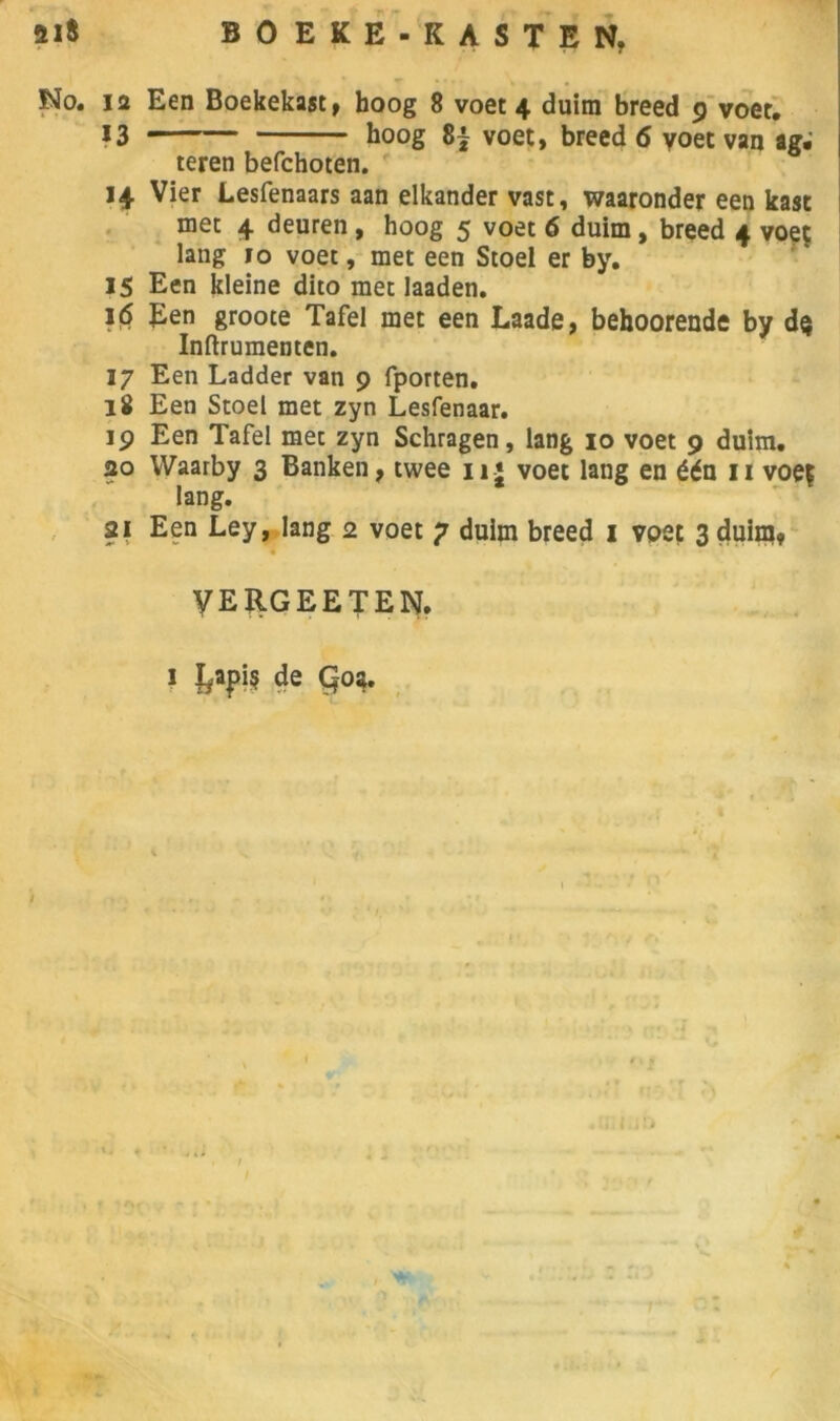 51$ BOEKE-KASTEN. No. ia Een Boekekast, hoog 8 voet 4 duitn breed 9 voet. 13 hoog voet, breed 6 voet van a g; teren befchoten. 14 Vier Lesfenaars aan elkander vast, waaronder een kast met 4 deuren , hoog 5 voet 6 duim, breed 4 voeç lang 10 voet, met een Stoel er by. 15 Een kleine dito met laaden. 16 Een groote Tafel met een Laade, behoorende by dç Inftrumenten. 17 Een Ladder van 9 fporten. 18 Een Stoel met zyn Lesfenaar. 19 Een Tafel met zyn Schragen, lang 10 voet 9 duim. 20 Waarby 3 Banken, twee 11 « voet lang en één 11 voeç lang. 21 Een Ley, lang 2 voet 7 duim breed 1 voet 3 duim» VERGEE TE N. 1 J^apiç de C?oa.
