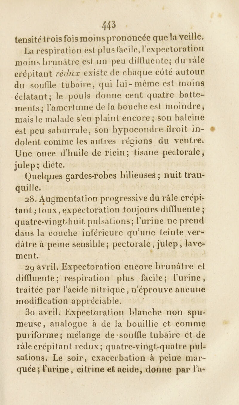 tensité trois fois moins prononcée que la veille. La respiration est plus facile, l’expectoration moins brunâtre est un peu diffluente; du râle crépitant rédux existe de chaque cote autour du souffle tubaire, qui lui-même est moins éclatant; le pouls donne cent quatre batte- ments; l’amertume de la bouche est moindre, mais le malade s'en plaint encore; son haleine est peu saburrale, son hypocondre droit in- dolent comme les autres régions du ventre. Une once d’huile de ricin; tisane pectorale, julep; diète. Quelques gardes-robes bilieuses ; nuit tran- quille. 28. Augmentation progressive du râle crépi- tant toux, expectoration toujours diftluente; quatre-vingt-huit pulsations; l’urine 11e prend dans la couche inférieure qu’une teinte ver- dâtre à peine sensible; pectorale , julep, lave- ment. 29 avril. Expectoration encore brunâtre et difïluente; respiration plus facile; l’urine, traitée par l’acide nitrique, n’éprouve aucune modification appréciable. 30 avril. Expectoration blanche non spu- meuse, analogue à de la bouillie et comme puiiforme; mélange de souffle tubaire et de râle crépitant redux; quatre-vingt-quatre pul- sations. Le soir, exacerbation à peine mar- quée; l’urine, citrine et acide, donne par l’a-