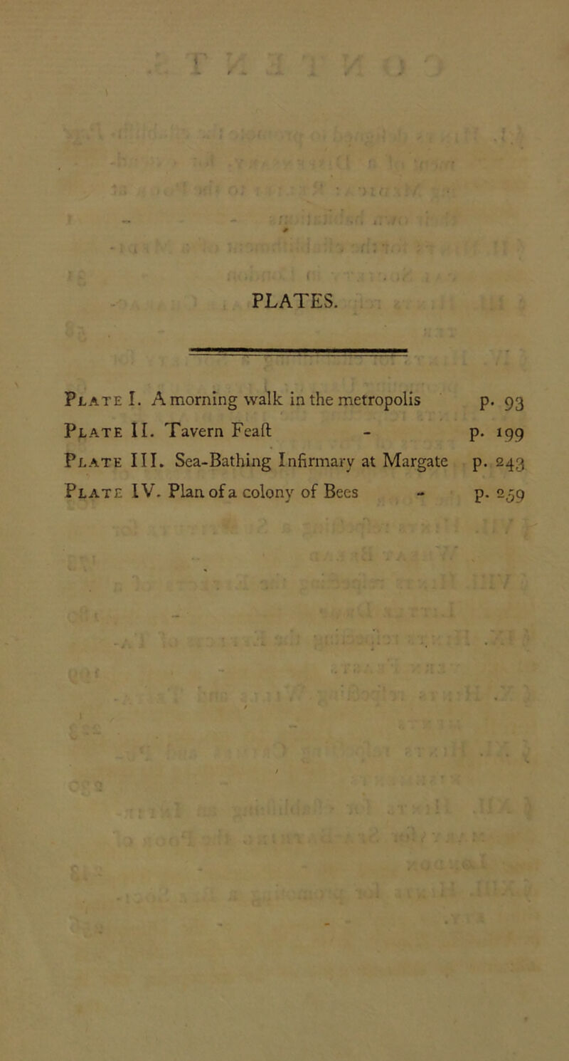 ) PLATES. Plate I. A morning walk in the metropolis p. 93 Plate II. Tavern Feaft - p. 199 Plate III. Sea-Bathing Infirmary at Margate p. 243 Plate IV. Plan of a colony of Bees - p. 259