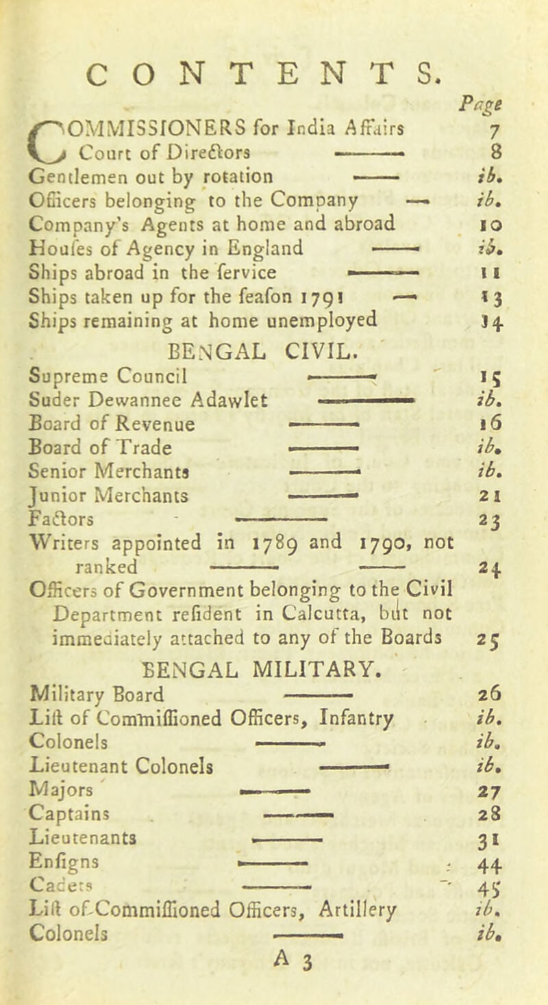 CONTENTS. Page COMMISSIONERS for India Affairs 7 Court of Direftors — • ■ — 8 Gentlemen out by rotation — ib, Ofiicers belonging to the Company —• ib. Company’s Agents at home and abroad 10 Houles of Agency in England —— ib. Ships abroad in the fervice 11 Ships taken up for the feafon 1791 —• *3 Ships remaining at home unemployed J4. BENGAL CIVIL. Supreme Council  15 Suder Dewannee Adawlet ' ■ ' ib. Board of Revenue - ■ ■■ -« 16 Board of Trade - ib. Senior Merchants ib. Junior Merchants -■ ■ 21 Faftors — 23 Writers appointed in 1789 and 1790, not ranked 2| Officers of Government belonging to the Civil Department refident in Calcutta, bilt not immediately attached to any of the Boards 25 BENGAL MILITARY. Military Board ' 26 Lilt of Commiffioned Officers, Infantry ib. Colonels ■ ib. Lieutenant Colonels ib. Majors ■■ 27 Captains —— 28 Lieutenants 31 Enfigns »- ■ — 44 Cadets 4^' Lift oFCommiffioned Officers, Artillery ib. Colonels ■ ib,