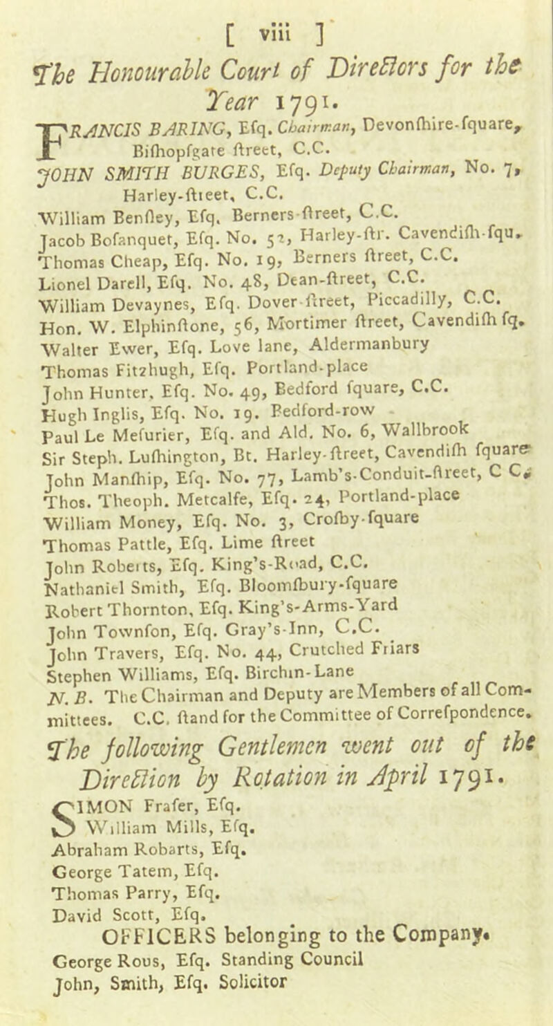 ^he HonouraUe Court of Directors for the Tear 1791. R/INCIS BARING, Efq. Cbairir.an, Devonfhire-fquare, •^OHN SMITH BURGES, Efq. Deputy Chairman, No. 7, Harley-ftieet, C.C. William Benfley, Efq. Berners flreet, C.C. Jacob Bofanquet, Efq. No. 57, Harley-fti. Cavendifli fqu, Thomas Cheap, Efq. No. 19, Berners Areet, C.C. Lionel Darcll, Efq. No. 48, Dean-Areet, C.C. William Devaynes, Efq. Dover Areet, Piccadilly, C.C. Hon. W. ElphinAone, 56, Mortimer Areet, CavendiAifq. Walter Ewer, Efq. Love lane, Aldermanbury Thomas Fit2hugh, Efq. Portland-place John Hunter. Efq. No. 49, Bedford fquare, C.C. Hughinglis, Efq. No. 19. Bedford-row Paul Le Mefurier, Efq. and Aid. No. 6, Wallbrook Sir Steph. LuAiington, Bt. Harley-Areet, Cavendifh fquare? John ManAiip, Efq. No. 77, Lamb’s-Conduit-Areet, C C,' Thos. Theoph. Metcalfe, Efq. 24, Portland-place William Money, Efq. No. 3, CroAay-fquare Thomas Pattle, Efq. Lime Areet John Roberts, Efq. King’s-R<’ad, C.C. Nathaniel Smith, Efq. BloomArury-fquare Robert Thornton, Efq. King’s-Arms-Yard John Townfon, Efq. Gray’s inn, C.C. John Travers, Efq. No. 44, Crutched Friars Stephen Williams, Efq. Birchin-Lane N. B. The Chairman and Deputy are Members of all Com- mittees. C.C, Aand for the Committee of Correfpondence. The following Gentlemen went out of the Bire5!ion by Rotation in Apil i79i« SIMON Frafer, Efq. William Mills, Efq. Abraham Robarts, Efq. George Tatem, Efq. Thomas Parry, Efq. David Scott, Efq. OFFICERS belonging to the Company* George Rous, Efq. Standing Council John, Smith, Efq. Solicitor