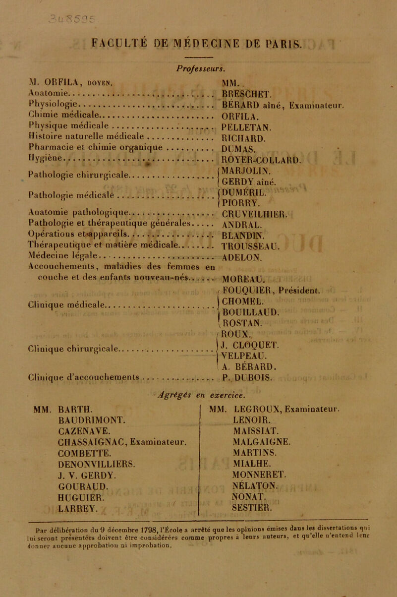 3u ^5£?f FACULTÉ DE MÉDECINE DE PARIS. Professeurs. M. 0RF1LA, doyen. Anatomie Physiologie Chimie médicale „ Physique médicale Histoire naturelle médicale Pharmacie et chimie organique Hygiène Pathologie chirurgicale Pathologie médicale Anatomie pathologique Pathologie et thérapeutique générales Opérations et'appareils. Thérapeutique et matière médicale Médecine légale Accouchements, maladies des femmes en couche et des enfants nouveau-nés MM. BRESCHET. BERARD aîné, Examinateur. ORFILA. PELLETAN. RICHARD. DUMAS. ROYER-COLLARD. ( MARJOLIN. | GERDY aîné. (DUMÉRIL. | PIORRY. CRUVEILHIER. ANDRAL. BLANDIN. TROUSSEAU. ADELON. MOREAU. Clinique médicale Clinique chirurgicale Clinique d’accouchements / FOUQUIER, Président. CHOMEL. | BOUILLAUD. \ ROSTAN. ROUX., J. CLOQUET. VELPEAU. A. BÉRARD. P. DUBOIS. Agrégés en exercice. MM. BARTH. BAUDRIMONT. CAZENAVE. CHASSAIGNAC, Examinateur. COM BETTE. DENON VILLI ERS. J. V. GERDY. GOURAUD. HUGUIER. LARREY. MM. LEGROUX, Examinateur. LENOIR. M AISSI AT. MALGA1GNE. MARTI NS. MIALHE. MONNERET. NÉLATON. NONAT. SESTIER. Par délibération du 9 décembre 1798, l’École a arrêté que les opinions émises dans les dissertations qui lui seront présentées doivent être considérées comme propres à leurs auteurs, et qu elle n entend Icnr donner aucutie approbation ni improbation.