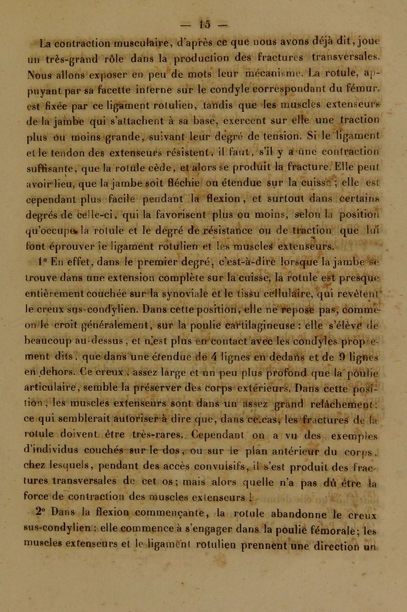 La contraction musculaire, d'après ce que nous avons déjà dit, joue un très-grand rôle dans la production des fractures transversales. Nous allons exposer en peu de mots leur mécanisme. La rotule, ap- puyant par sa facette interne sur le condyle correspondant du fémur, est fixée par ce ligament rotulien, tandis que les muscles extenseurs de la jambe qui s’attachent à sa base, exercent sur elle une traction plus ou moins grande, suivant leur degré de tension. Si le ligament elle tendon des extenseurs résistent, il faut, s’il y a une contraction suffisante, que la rotule cède, et alors se produit la fracture. Elle peut avoir lieu, que la jambe soit fléchie ou étendue sur la cuisse ; elle est cependant plus facile pendant la flexion, et surtout dans certains degrés de celle-ci, qui la favorisent plus ou moins, selon la position qu’occupe*la rotule et le degré de résistance ou de traction que lui font éprouver ie ligament rotulien et les muscles extenseurs. 1° En effet, dans le premier degré, c’est-à-dire lorsque la jambe se trouve dans une extension complète sur la cuisse, la rotule est presque entièrement couchée sur la synoviale et le tissu cellulaire, qui revêtent le creux sus-eondylien. Dans cette position, elle ne repose pas, comme- on le croit généralement, sur la poulie cartilagineuse : elle s’élève de beaucoup au-dessus, et nlest plus en contact avec les condyles prop e- ment dits, que dans une étendue de 4 lignes en dedans et de fl lignes en dehors. Ce creux , assez large et un peu plus profond que la poulie articulaire, semble la préserver des corps extérieurs. Dans cette posi- tion , les muscles extenseurs sont dans un assez grand relâchement: ce qui semblerait autoriser à dire que, dans ce.cas, les fractures* de la rotule doivent être très-rares. Cependant on a vu des exemples d’individus couchés sur le dos, ou sur ie plan antérieur du corps, chez lesquels, pendant des accès convulsifs, il s’est produit des frac- tures transversales de cet os; mais alors quelle n’a pas dû être la force de contraction des muscles extenseurs i 2° Dans la flexion commençante, la rotule abandonne le creux sus-condylien : elle commence à s’engager dans la poulie fémorale; les muscles extenseurs et le ligament rotulien prennent une direction un