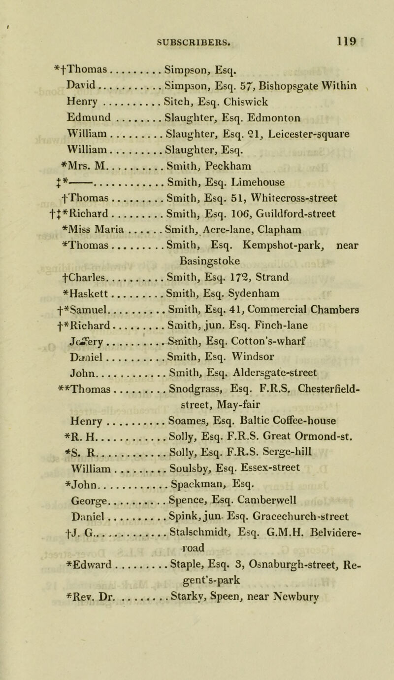 ++ 4-f ♦fThomas Simpson, Esq. David Simpson, Esq. 57, Bishopsgate Wilhin Henry Sitch, Esq. Chiswick Edmund Slaughter, Esq. Edmonton William Slaughter, Esq. 21, Leicester-square William Slaughter, Esq. ♦Mrs. M Smith, Peckham * Smith, Esq. Limehouse fThomas Smith, Esq. 51, Whitecross-street ♦Richard Smith, Esq. 106, Guildford-street ♦Miss Maria Smith, Acre-lane, Clapham ♦Thomas Smith, Esq. Kempshot-park, near Basingstoke fCharles Smith, Esq. 172, Strand ♦Haskett Smith, Esq. Sydenham t*Samuel Smith, Esq. 41, Commercial Chambers -(-♦Richard Smith, jun. Esq. Finch-lane Jc^ery Smith, Esq. Cotton’s-wharf Daniel Smith, Esq. Windsor John Smith, Esq. Aldersgate-slreet ♦♦Thomas Snodgrass, Esq. F.R.S. Chesterfield- street, May-fair Henry Soames, Esq. Baltic Coffee-house *R. H Solly, Esq. F.R.S. Great Ormond-st. *S. R Solly, Esq. F.R.S. Serge-hill William Soulsby, Esq. Essex-street ♦John Spaekman, Esq. George Spence, Esq. Camberwell Daniel Spink, jun. Esq. Gracechurch-street fj. G Stalschmidt, Esq. G.M.H. Belvidere- road ♦Edward Staple, Esq. 3, Osnaburgh-street, Re- gent’s-park ♦Rev. Dr Starkv, Speen, near Newbury