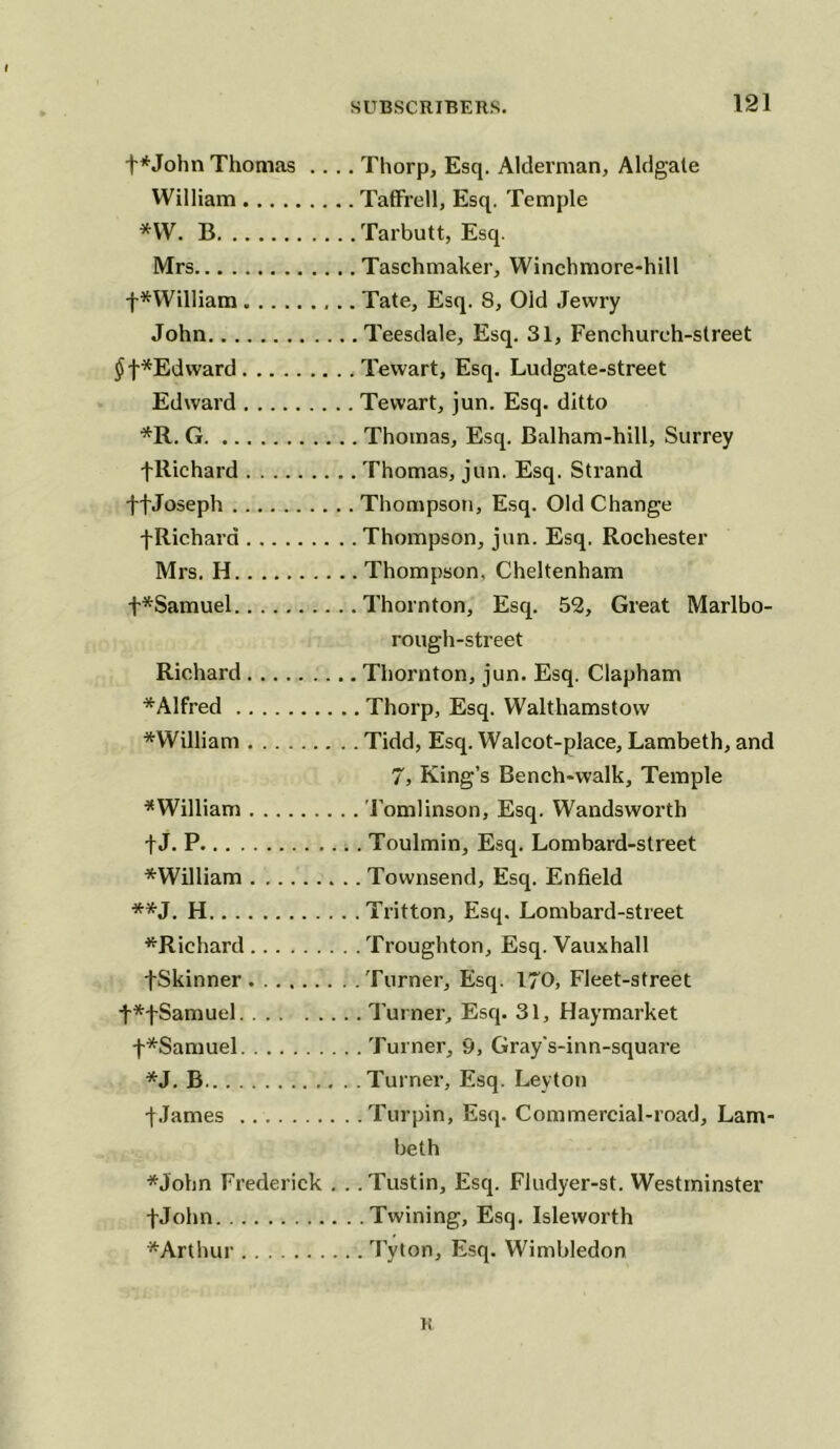 +*John Thomas .... Thorp, Esq. Alderman, Aldgate William Taffrell, Esq. Temple *W. B Tarbutt, Esq. Mrs Taschmaker, Winchmore-hill f*William Tate, Esq. 8, Old Jewry John Teesdale, Esq. 31, Fenchureh-street $f*Edward Tewart, Esq. Ludgate-street Edward Tewart, jun. Esq. ditto *R. G Thomas, Esq. Balham-hill, Surrey fllichard Thomas, jun. Esq. Strand tfJoseph Thompson, Esq. Old Change j-Richard Thompson, jun. Esq. Rochester Mrs. H Thompson. Cheltenham +*Samuel Thornton, Esq. 52, Great Marlbo- rough-street Richard Thornton, jun. Esq. Clapham *Alfred Thorp, Esq. Walthamstow *William Tidd, Esq. Walcot-place, Lambeth, and 7, King’s Bench-walk, Temple ^William Tomlinson, Esq. Wandsworth t J. P Toulmin, Esq. Lombard-street *William Townsend, Esq. Enfield **J. H Tritton, Esq. Lombard-street ^Richard Troughton, Esq. Vauxhall fSkinner Turner, Esq. 170, Fleet-street t*fSamuel Turner, Esq. 31, Haymarket f*Samuel Turner, 9, Gray's-inn-square *J. B Turner, Esq. Leyton •f James Turpin, Esq. Commercial-road, Lam- beth *John Frederick . . .Tustin, Esq. Fludyer-st. Westminster fJohn Twining, Esq. Isleworth * Arthur Tyton, Esq. Wimbledon K