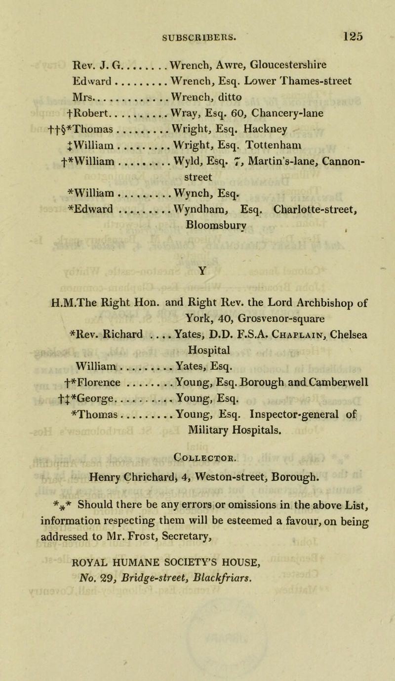 Rev. J. G Wrench, Avvre, Gloucestershire Edward Wrench, Esq. Lower Thames-street Mrs Wrench, ditto -{-Robert Wray, Esq. 60, Chancery-lane +f§*Thomas Wright, Esq. Hackney J William Wright, Esq. Tottenham f* William Wyld, Esq. 7, Martin’s-lane, Cannon- street *William Wynch, Esq. *Edward Wyndham, Esq. Charlotte-street, Bloomsbury Y H.M.The Right Hon. and Right Rev. the Lord Archbishop of York, 40, Grosvenor-square *llev. Richard .... Yates, D.D. F.S.A. Chaplain, Chelsea Hospital William Yates, Esq. t*Florence Young, Esq. Borough and Camberwell fJ*George Young, Esq. *Thomas Young, Esq. Inspector-general of Military Hospitals. Collector. Henry Chrichard, 4, Weston-street, Borough. *** Should there be any errors or omissions in the above List, information respecting them will be esteemed a favour, on being addressed to Mr. Frost, Secretary, ROYAL HUMANE SOCIETY’S HOUSE, No. 29, Bridge-street, Blackfriars.