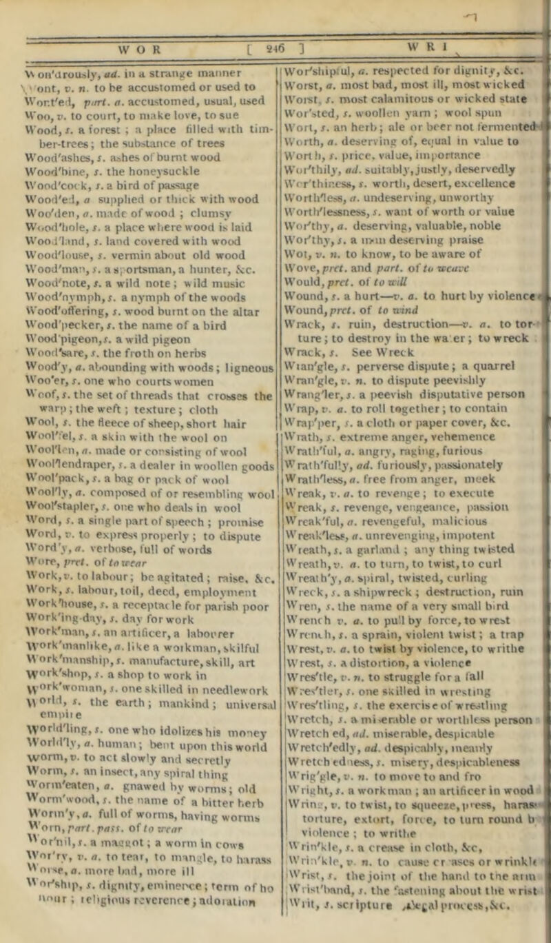 \n on'drou.sly, ad. in a strange manner « ont, v. n. to he accustomed or used to Wor.t'ed, part. a. accustomed, usual, used Woo, v. to court, to make love, to sue Wood, x. a forest ; a place tilled with tiin- ber-trees; the substance of trees Wood'ashes, s. ashes of burnt wood Wood'bine, x. the honeysuckle Wood'cock, x. a bird of passage Wood'ed, a supplied or thick with wood Woollen, a. made of wood ; clumsy Wood'hole, x. a place where wood is laid Wood'land, s. land covered with wood Wood'louse, x. vermin about old wood Wood'man,x. as; ortsman,a hunter, fcc. Wood'note, x. a wild note; wild music Wood'nymph,x. a nymph of the woods Wood'offering, x. wood burnt on the altar Wood'peckcr, x. the name of a bird Wood pigeon,r. a wild pigeon Wood'sare, x. the froth on herbs Wood'}*, a. abounding with woods; ligneous Woo'er, x. one who courts women Woof, x. the set of threads that crosses the warp; the weft; texture ; cloth Wool, x. the fleece of sheep, short hair Wool'fel, s. a skin with the wool on \\ oollen, a. made or consisting of wool WooHendraper, s. a dealer in woollen goods Wool'pack, s. a hag or pack of wool Woolly, a. composed of or resemblinq wool Wool'stapler, x. one who deals in wool Word, x. a single part of speech ; promise Word, v. to express properly ; to dispute Word'y, a. verhnse, f ull of words Wore, purl. oftnxrear Work, f. to labour; beagitated; raise, &c. Work, x. labour, toil, deed, employment W ork’house, x. a receptac le for parish poor Working day, x. day for work Work'man, s. an artificer, a labourer Workmanlike,a. like a workman,skilful Work'manahip,x. manufacture,skill, art Work'shop, x. a shop to work in w°rk'womsn, j. one skilled in needlework orld, x. the earth ; mankind ; universal empire Worldling, x. one who idolizes his money Worldly, a. human ; bent upon this world worm,®, to act slowly and secretly Worm, x. an insect, any spiral thing Worm'eaten, <7. gnawed by worms; old Worm'wood, x. the name of a hitter herb \Vonn'y,u. full of worms, having worms Worn, part .pass, of to xrear or'nil,x. a maggot; a worm in cows Wor'rv, v. a. to tear, to mangle, to harass 01 se, a. more Irad, more ill 0r#*h,P» *- dignity, eminence; term of ho •vour; religious reverence;adoration Wor'shipiul, <j. respected for dignity, &c. Worst, a. most bad, most ill, most wicked Worst, x. most calamitous or wicked state 1 Worsted, x. woollen yam ; wool spun Wort, x. an herb; ale or beer not fermented*! Worth, a. deserving of, equal in value to Wort h, x. price, value, importance Worthily, ad. suitably, justly, deservedly 1 Worthiness, x. worth, desert, excellence Worthless, a. undeserving, unworthy Worthlessness, s. want of worth or value Worthy, a. deserving, valuable, noble Worthy,/, a muxi deserving praise Wot, v. n. to know, to be aware of Wove, prrt. and part, of to weave Would, pret. of to will Wound, x. a hurt—v. a. to hurt by violence* Wound, pret. of to wind Wrack, x. ruin, destruction—v. a, to tor *1 ture; to destroy in the wa er; to wreck Wrack, s. See Wreck Wtan'gle, x. perverse dispute; a quarrel Wran'gle, v. n. to dispute peevishly Wrangler, x. a peevish disputa live person Wrap, v. a. to roll together; to contain Wrap'per, x. a cloth or paper cover, &c. Wrath, x. extreme anger, vehemence Wrath'ful, a. angry, raging, furious Wrath'fully, ad. furiously, passionately Wrathless,a. free from anger, meek Wreak, v. a. to revenge; to execute Wreak, x. revenge, vengeance, passion Wrcak'ful, a. revengeful, malicious Wreak less, a. unrevenging, impotent Wreath,/, a garland ; any thing twisted Wreath, v. a. to turn, to twist, to curl Wreath'y, a. spiral, twisted, curling Wreck, s. a shipwreck ; destruction, ruin Wren, x. the name of a very small bird Wrench v. a. to pull by force, to wrest Wrench, x. a sprain, violent twist; a trap Wrest, v. a. to twist by violence, to writhe I Wrest, x. a distortion, a violence Wres'tlc, r. w. to struggle for a fall Wres'tler, x. one skilled in wresting \Vresiling, x. the exercise of wrestling Wretch, x. a miserable or worthless person Wretch ed, ad. miserable, despicable Wretch'edly, ad. despicably, meanly Wretch tdness, x. misery, despicableness Wrig'gle, v. n. to move to and fro Wright, x. a workman ; an artificer in wood Wring, v. to twist, to squeeze, press, haras* torture, extort, force, to turn round b violence ; to writhe Wrin'kle, x. a crease in cloth, See, Wrin'kle, v. n. to cause cr ascs or wrinkle 1 Wrist, x. the joint of the hand to tne arm Wrist'band, x. the ‘astening about the wrist Writ, x. scripture sikg&lprocess,3lC«