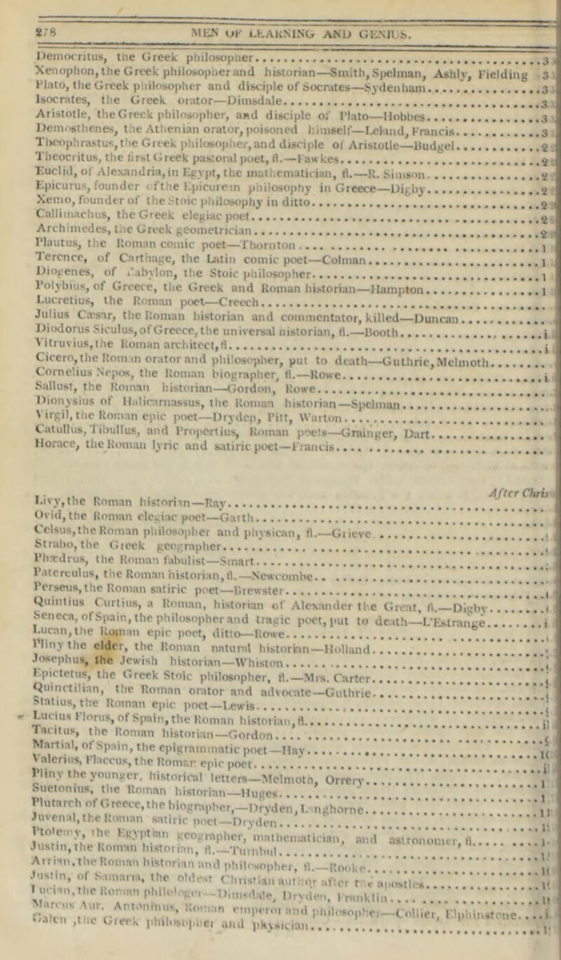 Democritus, the Greek philosopner Xenophon, the Greek philosopher and historian—Smith, Spelman, Ashlv, Fielding Flato, the Greek philosopher and disciple of Socrates—Sydenham Isocrates, the Greek orator—Dimsdale Aristotle, the Greek philosopher, and disciple o; Plato—Holmes Demosthenes, t:ie Athenian orator,poisoned himself— Lekrnd, Francis Theophrastus,the Greek philosopher,and disciple ot Aristotle—Budget Theocritus, the first Greek pastoral poet, fl.—Fawkes Euclid, of Alexandria, in Egypt, the mathematician, fl.—R. Simson !, Epicurus, founder < ft he Epicure m philosophy in Greece—Digby Xemo, founder of the Stoic philosophy in ditto Callimachus, the Greek elegiac poet Archimedes, tiie Greek geometrician Plautus, the Roman comic poet—Thornton Terence, of Carthage, the Latin comic poet—Colman Diogenes, of /.abvlon, the Stoic philosopher Polybius, of Greece, the Greek and Roman historian—Hampton Lucretius, the Roman poet—Creech Julius Ca*sar, the Roman historian and commentator, killed—Duncan Diodorus Siculus, of Greece, the universal Historian, tl.—Booth. Vitruvius,the Roman architect,fl Cicero, the Rom m orator and philosopher, put to death—Guthrie, Melmoth Cornelius Nepos, the Roman biographer, tL—Rowe * Sallust, the Roman historian—Gordon, Rowe Dionysius of Halicarnassus, the Roman historian—Spelman .*.*.*.*.*.*.*.*! Virgil, the Roman epic poet—Drydcp, Pitt, Warton Catullus, T ibullus, and Propertius, Roman poets—Grainger, Dart...., Horace, the Roman lyric and satiric poet—Francis .3 • 3 .3 .3 .3 .3 .2 . .2. .2 .2 .2 .2 .2 . 1 . 1 . 1 . 1 i i _ After Chris i Livy,the Roman histomn—Ray Ovid,the Roman elegiac poet—Gaith Celsu8,theRoman philosopher and pltvsican, tl.—Giieve ’ ’ ’ Strabo, the Gieek geographer * , , Ph.Tdrus, the Roman fabulist—Smart !!!!!!!!!!!!! Paterculus, the Roman historian,fl.—Ncwcombe *.' Perseus,the Roman satiric poet—Brewster !!!!!!!!*! *i ( Quiutius Curtins, a Roman, historian of Alexander the Great, fl. Dighv ii Seneca, of Spain, the philosopher and tragic poet, put to death L'Est range i Lucan,the Roman epic poet, ditto— Rowe .... Winy the elder, the Roman natural historian—Holland .*’*• Josephus, the Jewish historian—Whist on Epictetus, the Greek Stoic philosopher, fl.—Mrs. Carter i Quinctilian, the Roman orator and advocate—Guthrie Statius, the Roman epic poet—Lewis ..!!.!. t Lucius Plorus, of Spain, the Roman historian, fl i\ Tacitus, the Roman historian—Gordon Martial, of Spain, the epigrammatic poet—Hay \\ Valerius, Flaccus, the Roman epic poet ] Pliny the younger, historical letters—Melmoth, Orrerv’.’.V.V.V. Suetonius, the Homan historian— Huees. Plutarch of Greece, the biographer,-Uryden.L nghorne.7.\7.7.7 , Juvenal, the Unman satiric poet—Dtyden ' ,, Insrfn r,’ ,'K-Vl1',n S^Pfhphcr, mathematician, ami astVommur, tiV.I Justin,the Roman historian, (1.—Tutnhul , Arrian, the Roman historian and philosopher, tl --Rookc Justin, of Samaria, the oldest Ohnsrian author arc, r iVpwhil'. 7!! 7. l uian. the Roman phlh 'opa -Ihmsdde, hr, , , pmUin „ ‘'aim ,thc trieck philnsophet and physiciat •