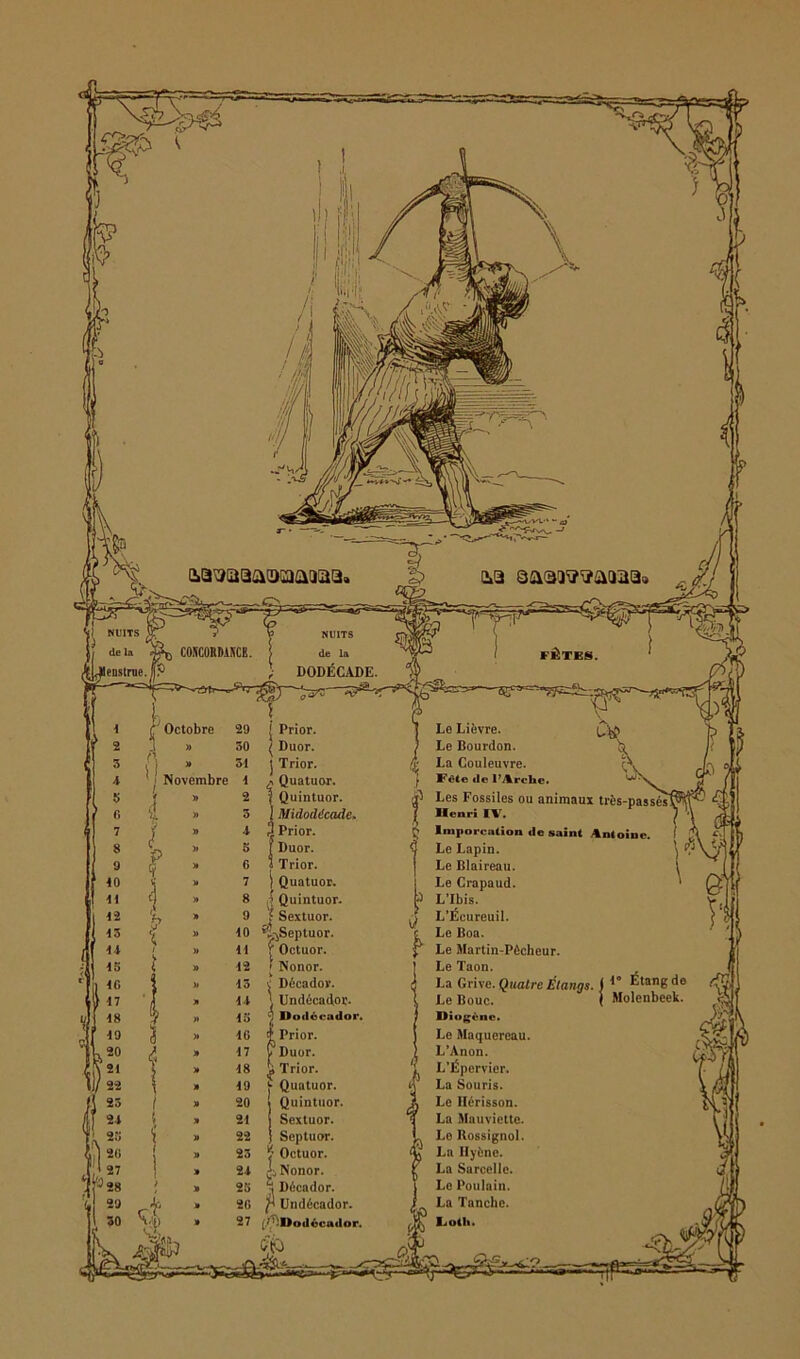 ûa’aaaaocaaiïaa, c,a NUITS de la DODÉCADE. CONCORDANCE. Octobre 29 j Prior. ( Duor. j Trior. Quatuor. ? Quintuor. 1 jMidodicade. 2 Prior. | Duor. i Trior. ) Quatuor. Quintuor. f Sextuor. '^Septuor. ? Octuor. | Nonor. < Décadov. '' Undécador- . ltoiiocatlor. î Prior. y Duor. ^ Trior. J- Quatuor, t Quintuor. ! Sextuor, j Septuor. '1 Octuor, i Nonor. -, Décador. JS Undécador. [.^Dodécailor. Le Lièvre. Le Bourdon. h La Couleuvre. ?\ Fête *le l’Arche. Les Fossiles ou animaux très-pas Henri IV. Importation de saint Antoine. Le Lapin. Le Blaireau. Le Crapaud. L’Ibis. L’Écureuil. Le Boa. Le Martin-Pécheur. Le Taon. La Grive. Quatre Etangs. Le Bouc. Diogène. Le Maquereau. L’Anon. L’Épervier. La Souris. Le Hérisson. La Mauviette. Le Rossignol. La Uyène. La Sarcelle. Le Poulain. La Tanche. Lotti. Novembre I 1° Étang de Molenbeek.