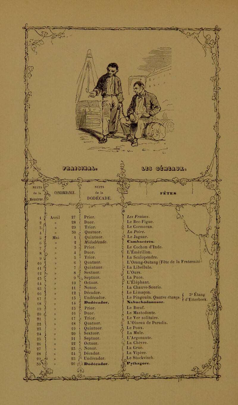 Quintuor. Midodécade. Piior. Duor. ? Trior. ) Quatuor. 7 rf Quintuor. 8 J Sextuor. 9 Septuor. ■10 \ Octuor. H | Nonor. 12 s Décador. 15 1 llndécador. 14 9 llnlttcailor, 15 l Prior. IG v Duor. 17 > Trior. 18 f Quatuor. 19 ) Quintuor 20 J Sextuor. 21 ! Septuor. 22 $ Octuor. 25 f. Nonor. 24 jî Décador. 25 Undécador. 20 [\ I lloiU-ciiilor. L’Orang-Outang (Fête de la Fraternité1 1 La Libellule. L’Ours. La Puce. L’Éléphant. La Chauve-Souris. Le Limaçon. . 5, ^ Le Pingouin. Quatre étangs. lVEncthl^ J IMitbuchoilonosor. A. ' Le Bœuf. Le Mastodonte. Le Ver solitaire. L’Oiseau de Paradis. Le Poux. La Mule. L’Argonaute. 1 La Chèvre. La Grue. La Vipère. Le Stockvisch. Pythagorc.