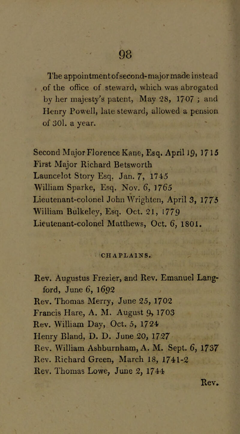 I'he appointmentofsecond-major made instead • ,of the office of steward, which was abrogated by her majesty’s patent, May 28, 1707 ; and H-enry Powell, late steward, allowed a pension of 301. a year. Second Major Florence Kane, Esq. April J9» 1715 First Major Richard Betsworth Launcelot Story Esq. Jan. 7, 1745 William Sparke, Esq. Nov. 6, 1765. Lieutenant-colonel John Wrighten, April 3, 1775 William Bulkeley, Esq. Oct. 21, 1779 Lieutenant-colonel Matthews, Oct. 6, 1801. CHAPLAINS. Rev. Augustus Frezier, and Rev. Emanuel Lang- ford, June 6, 1692 / Rev. Thomas Merry, June 25, 1702 Francis Hare, A. M. August 9, 1703 Rev. William Day, Oct. 5, 1724 Henry Bland, D. D. June 20, 1727 Rev. William Ashburnham, A. M. Sept. 6, 1737 Rev. Richard Green, March 18, 1741-2 Rev. Thomas Lowe, June 2, 1744 Rev.