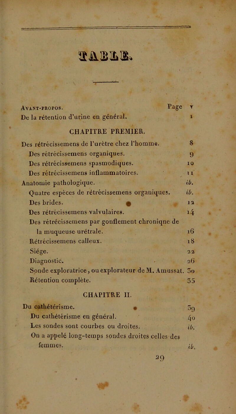 ‘lAJliO. Avant-propos. Page Y De la rétention d’urine en général. 1 CHAPITRE PREMIER. Des rétrécissemens de l’urètre chez l’homme. 8 Des rétrécissemens organiques. 9 Des rétrécissemens spasmodiques. 10 Des rétrécissemens inflammatoires. 11 Anatomie pathologique. ib. Quatre espèces de rétrécissemens organiques. ib. Des brides. 9 12 Des rétrécissemens valvulaires. i4 Des rétrécissemens par gonflement chroniqne de la muqueuse urétrale. 16 Rétrécissemens calleux. 18 Siège. 22 Diagnostic. . 26 Sonde exploratrice, ou explorateur de M. Amussat. 5o Rétention complète. 55 CHAPITRE II. Du cathétérisme. • 5g Du cathétérisme en général. Les sondes sont courbes ou droites. ib. On a appelé long-temps sondes droites celles des femmes. 29