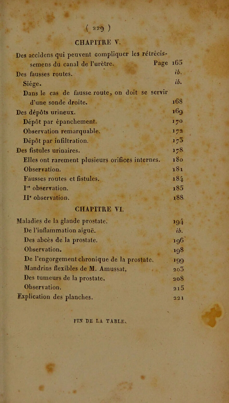 4 „ ~ 1 ( 229 ) CHAPITRE V. Des accidcns qui peuvent compliquer les rétrécis- scmcns du canal de l’urètre. Page iGi> Des fausses routes. Siège. Dans le cas de fausse route, on doit se servir d’une sonde droite. »6S Des dépôts urineux. *69 Dépôt par épanchement. 170 Observation remarquable. 173 Dépôt par infiltration. 175 Des fistules urinaires. 178 Elles ont rarement plusieurs orifices internes. 180 Observation. 181 Fausses routes et fistules. 184 T* observation. i85 II* observation. 188 CHAPITRE VI. Maladies de la glande prostate. ig4 De l’inflammation aiguë. ib. Des abcès de la prostate. iqG Observation. ig8 De l’engorgement chronique de la prostate. 199 Mandrins flexibles de M. Amussat. 203 Des tumeurs de la prostate. 208 Observation. 2i5 Explication des planches. 221 FIN DE LA TABLE.