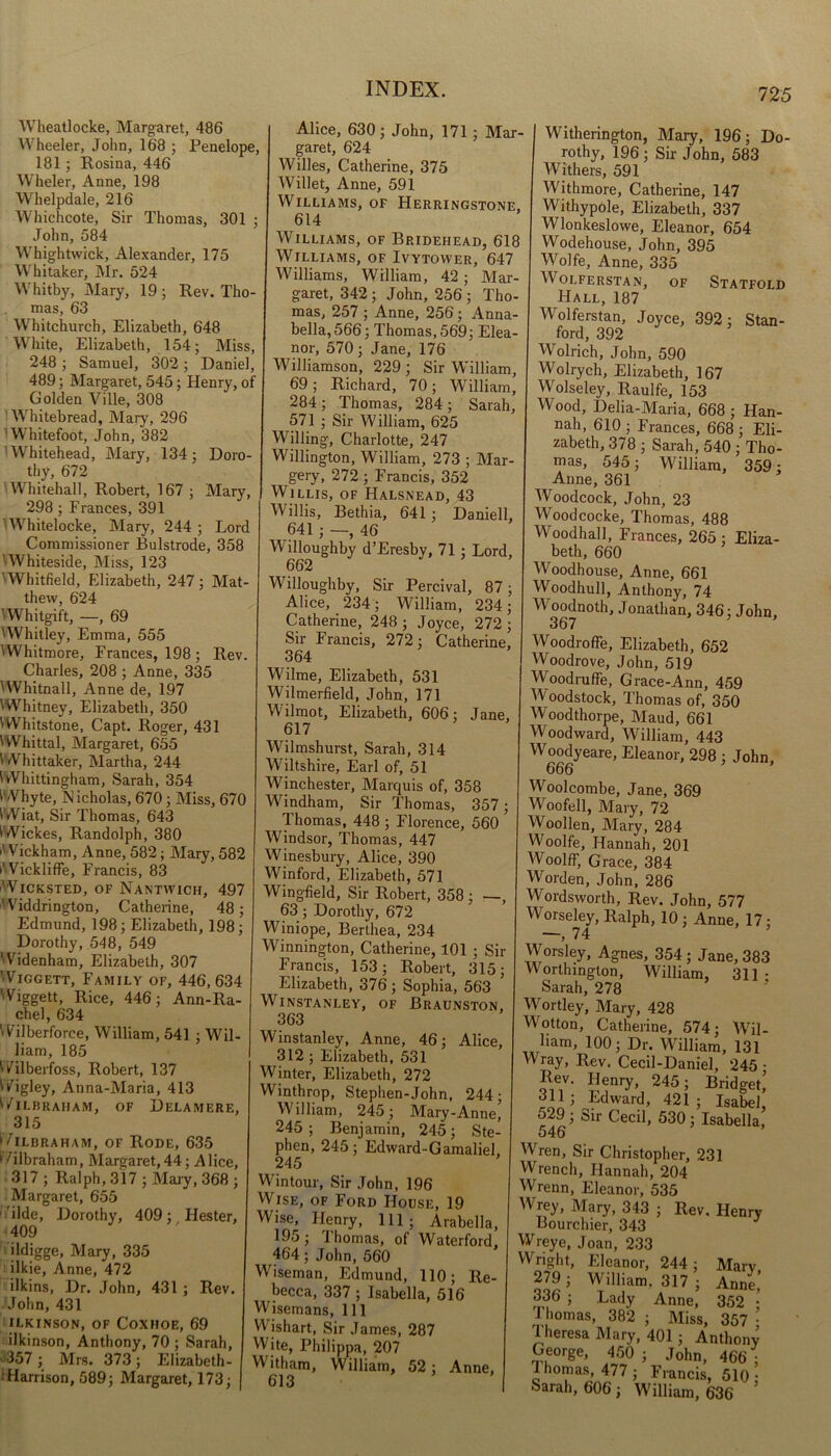 Wheatlocke, Margaret, 486 Wheeler, John, 168 ; Penelope, 181 ; Rosina, 446 Wheler, Anne, 198 Whelpdale, 216 Whichcote, Sir Thomas, 301 ; John, 584 Whightwick, Alexander, 175 Whitaker, Mr. 524 Whitby, Mary, 19 ; Rev. Tho- mas, 63 Whitchurch, Elizabeth, 648 White, Elizabeth, 154; Miss, 248 ; Samuel, 302 ; Daniel, 489; Margaret, 545; Henry, of Golden Ville, 308 Whitebread, Mary, 296 'W'hitefoot, John, 382 Whitehead, Mary, 134; Doro- thy, 672 Whitehall, Robert, 167 ; Mary, 298 ; Frances, 391 Whitelocke, Mary, 244; Lord Commissioner Bulstrode, 358 Whiteside, Miss, 123 ’Whitfield, Elizabeth, 247; Mat- thew, 624 ’Whitgift, —, 69 ■Whitley, Emma, 555 'Whitmore, Frances, 198; Rev. Charles, 208 ; Anne, 335 VWhitnall, Anne de, 197 'Whitney, Elizabeth, 350 'Whitstone, Capt. Roger, 431 'Whittal, Margaret, 655 ' Whittaker, Martha, 244 WVhittingham, Sarah, 354 LVhyte, Nicholas, 670 ; Miss, 670 'Wiat, Sir Thomas, 643 GVickes, Randolph, 380 'Wickham, Anne, 582; Mary, 582 Wickliffe, Francis, 83 Wicksted, OF Nantwich, 497 Widdrington, Catherine, 48; Edmund, 198; Elizabeth, 198; Dorothy, 548, 549 Widenham, Elizabeth, 307 'Viggett, Family of, 446, 634 Wiggett, Rice, 446; Ann-Ra- chel, 634 Wilberforce, William, 541 ; Wil- liam, 185 Wilberfoss, Robert, 137 Wigley, Anna-Maria, 413 'VlLBRAHAM, OF DELAMERE, 315 'VlLBRAHAM, OF RODE, 635 Wilbraham, Margaret,44; Alice, 317; Ralph, 317; Mary, 368; Margaret, 655 1 ilde, Dorothy, 409; Hester, 409 ildigge, Mary, 335 ilkie, Anne, 472 ilkins, Dr. John, 431 ; Rev. John, 431 ILKINSON, OF CoXHOE, 69 ilkinson, Anthony, 70 ; Sarah, 357 ; Mrs. 373; Elizabeth- : Harrison, 589; Margaret, 173; Alice, 630; John, 171; Mar- garet, 624 Willes, Catherine, 375 Willet, Anne, 591 Williams, of Herringstone, 614 Williams, of Bridehead, 618 Williams, of Ivytovver, 647 Williams, William, 42 ; Mar- garet, 342 ; John, 256 ; Tho- mas, 257 ; Anne, 256; Anna- bella,566; Thomas, 569; Elea- nor, 570; Jane, 176 Williamson, 229 ; Sir William, 69; Richard, 70; William, 284 ; Thomas, 284 ; Sarah, 571 ; Sir William, 625 Willing, Charlotte, 247 Willington, William, 273 ; Mar- gery, 272 ; Francis, 352 Willis, of Halsnead, 43 Willis, Bethia, 641 ; Daniell, 641 ; —, 46 Willoughby d’Eresbv, 71 ; Lord, 662 Willoughby, Sir Percival, 87; Alice, 234; William, 234; Catherine, 248 ; Joyce, 272 ; Sir Francis, 272; Catherine, 364 W'ilme, Elizabeth, 531 Wilmerfield, John, 171 Wilmot, Elizabeth, 606; Jane, 617 Wilmshurst, Sarah, 314 Wiltshire, Earl of, 51 Winchester, Marquis of, 358 Windham, Sir Thomas, 357; Thomas, 448 ; Florence, 560 Windsor, Thomas, 447 Winesbury, Alice, 390 Winford, Elizabeth, 571 Wingfield, Sir Robert, 358 ; —, 63; Dorothy, 672 Winiope, Berthea, 234 Winnington, Catherine, 101 ; Sir Francis, 153; Robert, 315; Elizabeth, 376; Sophia, 563 WlNSTANLEY, OF BraUNSTON, 363 Winstanley, Anne, 46; Alice, 312 ; Elizabeth, 531 Winter, Elizabeth, 272 Winthrop, Stephen-John, 244; William, 245; Mary-Anne’ 245; Benjamin, 245; Ste- phen, 245; Edward-Gamaliel, 245 Wintour, Sir John, 196 Wise, of Ford House, 19 Wise, Henry, 111; Arabella, 195; 1 homas, of Waterford, 464; John, 560 Wiseman, Edmund, 110; Re- becca, 337 ; Isabella, 516 Wisemans, 111 Wishart, Sir James, 287 Wite, Philippa, 207 Witham, William, 52; Anne, 613 Witherington, Mary, 196; Do- rothy, 196 ; Sir John, 583 Withers, 591 Withmore, Catherine, 147 Withypole, Elizabeth, 337 Wlonkeslowe, Eleanor, 654 Wodehouse, John, 395 Wolfe, Anne, 335 Wolferstan, of Statfold Hall, 187 Wolferstan, Joyce, 392; Stan- ford, 392 Wolrich, John, 590 Wolrych, Elizabeth, 167 Wolseley, Raulfe, 153 Wood, Delia-Maria, 668 ; Han- nah, 610 ; Frances, 668 ; Eli- zabeth, 378 ; Sarah, 540 ; Tho- mas, 545; William, 359: Anne, 361 Woodcock, John, 23 Woodcocke, Thomas, 488 Wood hall, Frances, 265 ; Eliza- beth, 660 Woodhouse, Anne, 661 Woodhull, Anthony, 74 Woodnoth, Jonathan, 346; John, 367 ’ Woodroffe, Elizabeth, 652 Woodrove, John, 519 Woodruffe, Grace-Ann, 459 Woodstock, Thomas of, 350 Woodthorpe, Maud, 661 Woodward, William, 443 Woodyeare, Eleanor, 298 ; John, 666 Woolcombe, Jane, 369 Woofell, Mary, 72 Woollen, Mary, 284 Woolfe, Hannah, 201 Woolff, Grace, 384 Worden, John, 286 Wordsworth, Rev. John, 577 Worseley, Ralph, 10 ; Anne, 17; —, 74 Worsley, Agnes, 354 ; Jane, 383 vv orthington, William, 311 - Sarah, 278 Wortley, Mary, 428 Wotton, Catherine, 574- Wil- liam, 100; Dr. William, 131 Wray, Rev. Cecil-Daniel, 245 • Rev. Henry, 245; Bridget,’ > Edward, 421 ; Isabel, 529 ; Sir Cecil, 530 ; Isabella, 546 Wren, Sir Christopher, 231 Wrench, Hannah, 204 Wrenn, Eleanor, 535 Wrey, Mary, 343 ; Rev. Henry Bourchier, 343 Wreye, Joan, 233 Wright, Eleanor, 244; Mary 279; William. 317 ; Anne,’ 336 ; Lady Anne, 352 i homas, 382 ; Miss, 357 • Theresa Mary, 401; Anthony George, 450 ; John, 466; I homas, 477 ; Francis, 510 ■ Sarah, 606; William, 636 ’