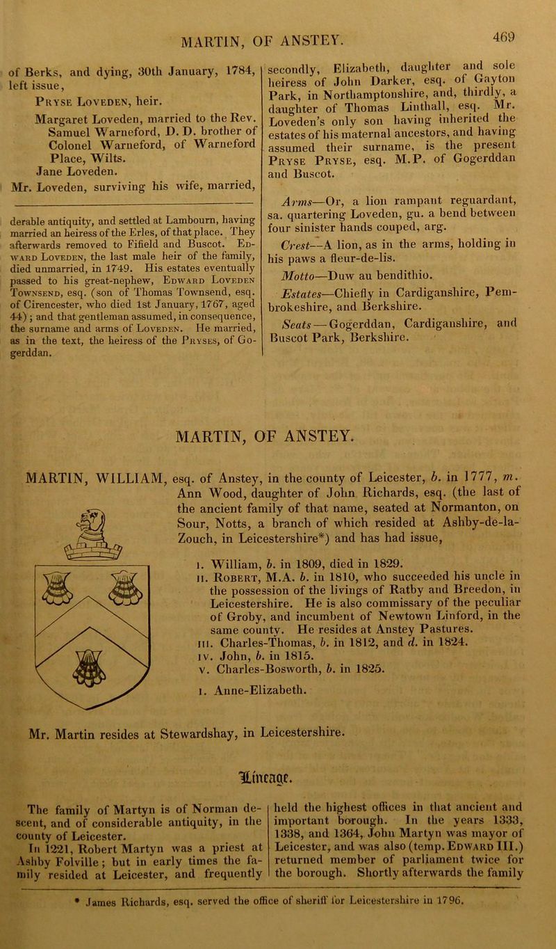 MARTIN, OF ANSTEY. of Berks, and dying, 30th January, 1784, left issue, Pryse Loveden, heir. Margaret Loveden, married to the Rev. Samuel Warneford, D. D. bi’other of Colonel Warneford, of Warneford Place, Wilts. Jane Loveden. Mr. Loveden, surviving his wife, married, derable antiquity, and settled at Lambourn, having married an heiress of the Erles, of that place. They afterwards removed to Fifield and Buscot. Ed- ward Loveden, the last male heir of the family, died unmarried, in 1749. His estates eventually passed to his great-nephew, Edward Loveden Townsend, esq. (son of Thomas Townsend, esq. of Cirencester, who died 1st January, 1767, aged 44) ; and that gentleman assumed, in consequence, the surname and arms of Loveden. He married, as in the text, the heiress of the Prases, of Go- gerddan. secondly, Elizabeth, daughter and sole heiress of John Darker, esq. ol Gay ton Park, in Northamptonshire, and, thirdly, a daughter of Thomas Linthall, esq. Mr. Loveden’s only son having inherited the estates of his maternal ancestors, and having assumed their surname, is the present Pryse Pryse, esq. M.P. of Gogerddan and Buscot. Arms—Or, a lion rampant reguardant, sa. quartering Loveden, gu. a bend between four sinister hands couped, arg. Crest--A lion, as in the arms, holding in his paws a fleur-de-lis. Motto—Duw au bendithio. Estates—Chiefly in Cardiganshire, Pem- brokeshire, and Berkshire. Seats — Gogerddan, Cardiganshire, and Buscot Park, Berkshire. MARTIN, OF ANSTEY. MARTIN, WILLIAM, esq. of Anstey, in the county of Leicester, b. in 1777, m. Ann Wood, daughter of John Richards, esq. (the last of the ancient family of that name, seated at Normanton, on Sour, Notts, a branch of which resided at Ashby-de-la- Zouch, in Leicestershire*) and has had issue, i. William, b. in 1809, died in 1829. n. Robert, M.A. b. in 1810, who succeeded his uncle in the possession of the livings of Ratby and Breedon, in Leicestershire. He is also commissary of the peculiar of Groby, and incumbent of Newtown Linford, in the same county. He resides at Anstey Pastures, in. Charles-Thomas, b. in 1812, and d. in 1824. iv. John, b. in 1815. v. Charles-Bosworth, b. in 1825. i. Anne-Elizabeth. Mr. Martin resides at Stewardshay, in Leicestershire. Hmcaac. The family of Martyn is of Norman de- scent, and of considerable antiquity, in the county of Leicester. In 1221, Robert Martyn was a priest at Ashby Folville ; but in early times the fa- mily resided at Leicester, and frequently held the highest offices in that ancient and important borough. In the years 1333, 1338, and 1364, John Martyn was mayor of Leicester, and was also (temp. Edward III.) returned member of parliament twice for the borough. Shortly afterwards the family * James Richards, esq. served the office of sheriif for Leicestershire iu 1796.