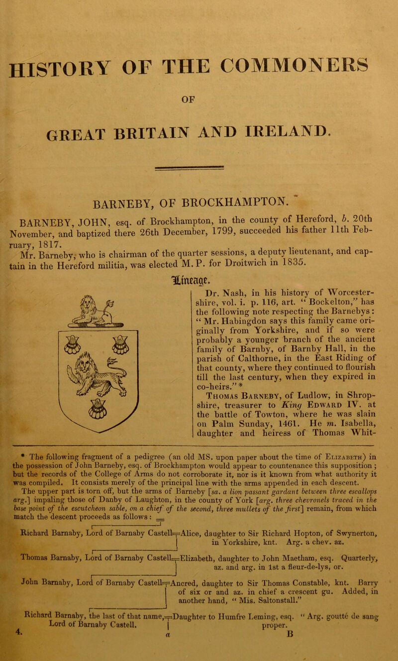 HISTORY OF THE COMMONERS OF GREAT BRITAIN AND IRELAND. BARNEBY, OF BROCKHAMPTON. BARNEBY, JOHN, esq. of Brockhampton, in the county of Hereford, b. 20th November, and baptized there 26th December, 1799, succeeded his father 11th Feb- ruary, 1817. . i , , , Mr. Barneby, who is chairman of the quarter sessions, a deputy lieutenant, and cap- tain in the Hereford militia, was elected M. P. for Droitwich in 183j. Htwage. Dr. Nash, in his history of Worcester- shire, vol. i. p. 116, art. “ Bockelton,” has the following note respecting the Barnebys : “ Mr. Habingdon says this family came ori- ginally from Yorkshire, and if so were probably a younger branch of the ancient family of Barnby, of Barnby Hall, in the parish of Caltliorne, in the East Riding of that county, where they continued to flourish till the last century, when they expired in co-heirs/'* Thomas Barneby, of Ludlow, in Shrop- shire, treasurer to King Edward IY. at the battle of Towton, where he was slain on Palm Sunday, 1461. He m. Isabella, daughter and heiress of Thomas Whit- * The following fragment of a pedigree (an old MS. upon paper about the time of Elizabeth) in the possession of John Barneby, esq. of Brockhampton would appear to countenance this supposition ; but the records of the College of Arms do not corroborate it, nor is it known from what authority it was compiled. It consists merely of the principal line with the arms appended in each descent. The upper part is torn off, but the arms of Barneby [sa. a lion passant gardant between three escallops arg.] impaling those of Danby of Laughton, in the county of York \arg. three chevronels traced in the base point of the escutcheon sable, on a chief of the second, three mullets of the first] remain, from which match the descent proceeds as follows : _ Richard Bamaby, Lord of Barnabv Castell=pAlice, daughter to Sir Richard Hopton, of Swynerton, | in Yorkshire, knt. Arg. a chev. az. r~ Thomas Bamaby, Lord of Bamaby Castell—Elizabeth, daughter to John Maetham, esq. Quarterly, az. and arg. in 1st a fleur-de-lys, or. !T John Bamaby, Lord of Bamaby Castell=y=Ancred, daughter to Sir Thomas Constable, knt. Barry of six or and az. in chief a crescent gu. Added, in another hand, “ Mis. Saltonstall.” Richard Bamaby, the last of that name,=pDaughter to Ilumfre Leming, esq. “ Arg. goutte de sang Lord of Barnaby Castell. | proper. 4- a B a