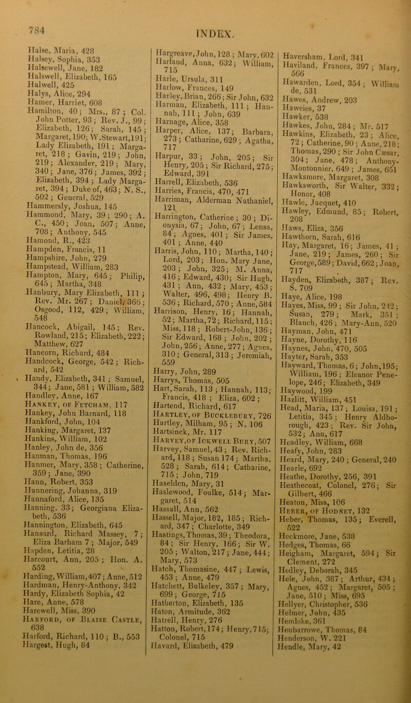 liaise, Maria, 428 Halsey, Sophia, 353 llalsewell, Jane, 132 Ilalswell, Elizabeth, 165 Halwell, 425 Halys, Alice, 294 Hamer, Harriet, 608 Hamilton, 40; Mrs., 87; Col. John Potter, 93 ; Rev. .1., 99; Elizabeth, 126; Sarah, 145; Margaret, 190; W.Stewart,191; Lady Elizabeth, 191 ; Marga- ret, 218 ; Gavin, 219; John, 219 ; Alexander, 219 ; Mary, 340; Jane, 376; James, 392; Elizabeth, 394 ; Lady Marga- ret, 394; Duke of, 463; N. S., 502; General, 529 Hammersly, Joshua, 145 Hammond, Mary, 39; 290; A. C., 450; Joan, 507; Anne, 708; Anthony, 545 Plamond, R., 423 Hampden, Francis, 11 Hampshire, John, 279 Hampstead, William, 283 Hampton, Mary, 645; Philip, 645 ; Martha, 348 Hanbury, Mary Elizabeth, 111 ; Rev. Mr. 267 ; Daniel, 366 ; Osgood, 112, 429; William, 548 Hancock, Abigail, 145; Rev. Rowland, 215; Elizabeth, 222; Matthew, 627 Hancorn, Richard, 484 Handcock, George, 542 ; Rich- ard, 542 » Handy, Elizabeth, 341 ; Samuel, 344; Jane, 581 ; William, 582 Handley, Anne, 167 Hankey, of Fetcham, 117 Hankey, John Barnard, 118 Hankford, John, 104 Hanking, Margaret, 137 Hankins, William, 102 Hanley, John de, 356 Hanman, Thomas, 196 Hanmer, Mary, 358 ; Catherine, 359; Jane, 390 Hann, Robert, 353 Hannering, Johanna, 319 Hannaford, Alice, 135 Hanning, 33; Georgiana Eliza- beth, 536 Hannington, Elizabeth, 645 Hansard, Richard Massey, 7; Eliza llarham 7 ; Major, 549 Hapden, Letitia, 28 Harcourt, Ann, 205 ; Hon. A. 552 Harding, William,407; Anne,512 Hardman, Henry-Anthony, 342 Hardy, Elizabeth Sophia, 42 Hare, Anne, 578 Harewell, Miss, 390 Harford, of Blaise Castle, 638 Harford, Richard, 110; B., 553 Ilargest, Hugh, 84 Ilargreave, John, 128 ; Mary, 602 Ilarland, Anna, 632; William, 715 Harle, Ursula, 311 Harlow, Frances, 149 Harley, Brian, 266; Sir John, 632 Harman, Elizabeth, 111; Han- nah, 111; John, 639 Ilarnage, Alice, 358 Harper, Alice, 137; Barbara, 273 ; Catharine, 629 ; Agatha, 717 6 Harpur, 33; John, 205; Sir Henry, 205 ; Sir Richard, 275; Edward, 391 Harrell, Elizabeth, 536 Harries, Francis, 470, 471 Harriman, Alderman Nathaniel, 121 Harrington, Catherine ; 30 ; Di- onysia, 67; John, 67; Lensa, 84; Agnes, 401; Sir James, 401 ; Anne, 440 Harris, John, 110 ; Martha, 140 ; Lord, 203; Hon. Mary Jane, 203; John, 325; M. Anna, 416 ; Edward, 430; Sir Hugh, 431; Ann, 432; Mary, 453; Walter, 496, 498; Henry B. 536 ; Richard, 570 ; Anne, 584 Harrison, Henry, 16; Hannah, 52; Martha, 72; Richard, 115; Miss, 118 ; Robert-John, 136 ; Sir Edward, 168 ; John, 202 ; John, 256; Anne, 277 ; Agnes, 310; General, 313; Jeremiah, 559 Harry, John, 289 Flarrys, Thomas, 505 Hart, Sarah, 113 ; Hannah, 113; Francis, 418 ; Eliza, 602 ; Hartend, Richard, 617 Hartley, of Bucklebury, 726 Hartley, Milham, 95 ; N. 106 Hartsinck, Mr. 117 Harvey,of Ickvvell Bury, 507 Harvey, Samuel, 43 ; Rev. Rich- ard, 118; Susan 174; Martha, 528 ; Sarah, 614 ; Catharine, 715 ; John, 719 Haselden, Mary, 31 Haslewood, Foulke, 514; Mar- garet, 514 Hassall, Ann, 562 Hassell, Major, 182, 185; Rich- ard, 347 ; Charlotte, 349 Hastings, Thomas, 39; Theodora, 84; Sir Henry, 166; Sir W. 205; Walton, 217 ; Jane, 444; Mary, 573 Hatch, Thomasine, 447 ; Lewis, 453 ; Anne, 479 Hatchett, Bulkeley, 357; Mary, 699; George, 715 Hatherton, Elizabeth, 135 Haton, Armitude, 362 Hatrell, Henry, 276 Hatton, Robert, 174; Henry, 715; Colonel, 715 Havard, Elizabeth, 479 Haversham, Lord, 341 Haviland, Frances, 397; Mary, 566 Hawarden, Lord, 354 ; William de, 531 Hawes, Andrew, 203 Iiaweies, 37 Hawker, 538 Ilawkes, John, 284; Mr. 517 Hawkins, Elizabeth, 23 ; Alice, 72 ; Catherine, 90 ; Anne, 218; Thomas,290 ; Sir John Caesar, 304; Jane, 478; Anthony- Montonnier, 649 ; James, 651 Hawksmore, Margaret, 308 Hawksworth, Sir Walter, 332; Honor, 408 ITawle, Jacquet, 410 Hawley, Edmund, 85; Robert, 208 Haws, Eliza, 356 Hawthorn, Sarah, 616 Hay, Margaret, 16; James, 41 ; Jane, 219; James, 260; Sir George,589; David, 662; Joan, 717 Hayden, Elizabeth, 387 ; Rev. S. 709 Haye, Alice, 198 Hayes, Miss, 99 ; Sir John, 2-12; Susan, 279; Mark, 351; Blanch, 426 ; Mary-Ann, 520 Hay man, John, 471 Hayne, Dorothy, 116 Haynes, John, 470, 505 Hayter, Sarah, 353 Hayward, Thomas, 6; John, 195; William, 196 ; Eleanor Pene- lope, 246; Elizabeth, 349 Haywood, 199 Hazlitt, William, 451 Head, Maria, 137 ; Louisa, 191 ; Letitia, 345 ; Henry Aldbo- rough, 423 ; Rev. Sir John, 532; Ann, 617 Headley, William, 668 IJeafy, John, 283 Heard, Mary, 240 ; General, 240 Hearle, 692 Heathe, Dorothy, 256, 391 Heathecoat, Colonel, 276; Sir Gilbert, 466 Heaton, Miss, 106 Heber, of Hodnet, 132 Heber, Thomas, 135; Everell, 522 Heckmore, Jane, 538 Hedges, Thomas, 66 Heigham, Margaret, 594; Sir Clement, 272 Hedley, Deborah, 345 Iiele, John, 387 ; Arthur, 434 ; Agnes, 452 ; Margaret, 505 ; Jane, 510 ; Miss, 695 Hellyer, Christopher, 536 Helmer, John, 435 llemloke, 361 Henbarrowe, Thomas, 84 Henderson, W. 221 Hendle, Mary, 42