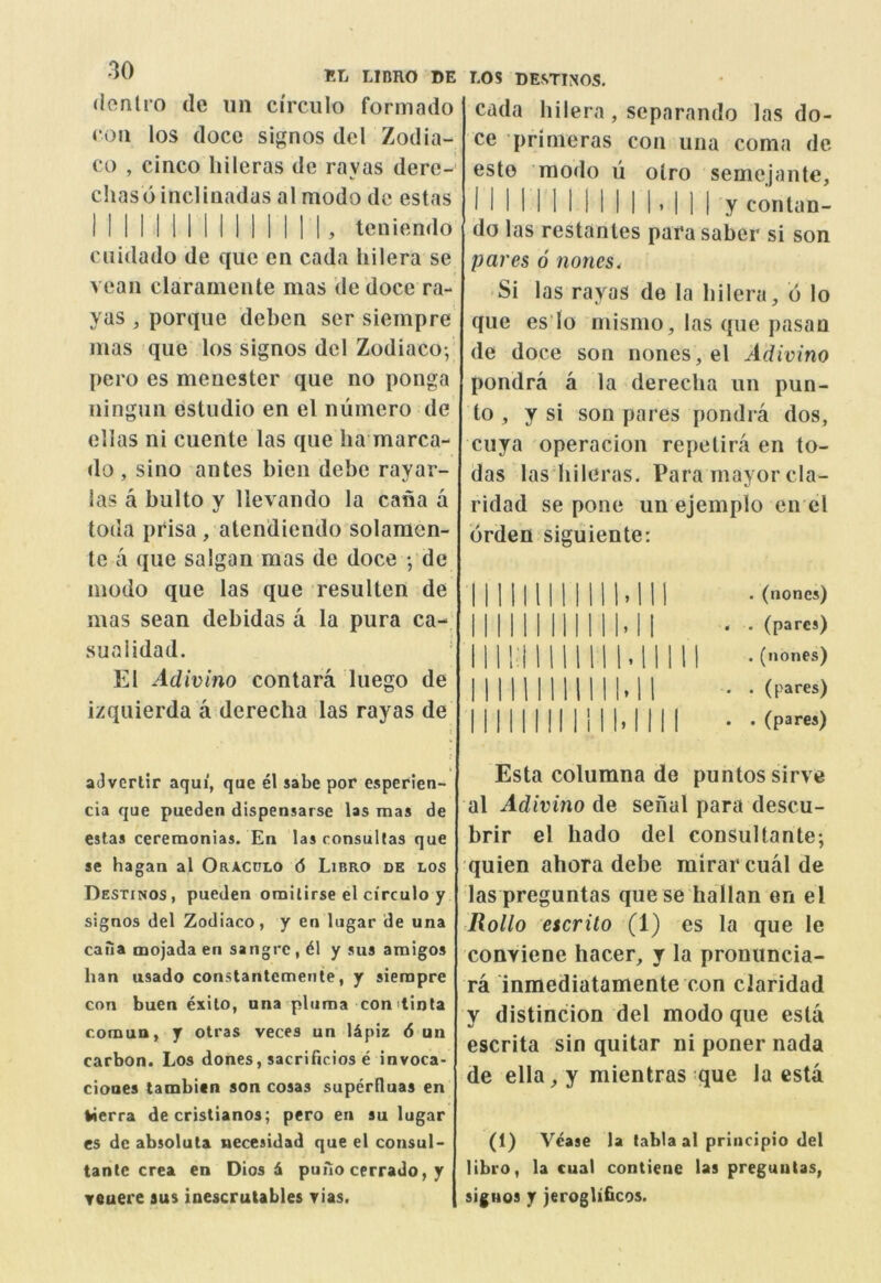 (lonlro (le un circiilo formado coil los doce signos del Zodia- co , cinco liileras de rayas dere- cliasd incHuadas al modo de estas I I I I I II I II I i I I I ^ tcniendo ciiidado de quo en cada hilera se veaii clarameiite mas de doce ra- yas , porqiie deben scr siempre mas que los signos del Zodiaco; pero es menester que no ponga ningun estudio en el numero de ellas ni cuente las que ha marca- do , sino antes bien debe rayar- las a bulto y llevando la cana a toda prisa, atendiendo solamen- te a que salgan mas de doce ; de modo que las que resulten de mas sean debidas a la pura ca- sual idad. ' El Adivino contara luego de izquierda a derecha las rayas de EOS DESTIMOS. cada hilera, separando las do- ce primeras con uiia coma de esto modo u olro semejante, I 1 I I I I I I I I I I.I I I y conlan- do las restanles para saber si son pares 6 7iones. Si las rayas de la hilera, 6 lo que es lo mismo, las que pasan de doce son nones, el Adivino pondra a la derecha un pun- to , y si son pares pondra dos, cuya operacion repelira en to- das las hileras. Para mayor cla- ridad se pone un ejemplo en el drden siguiente: II IIIIIIIIMII . (nones) M IIIIIIIIMI . . (pares) II IIIIIIIIMII 1 1 . (nones) 11 IIIIIIIIMI . . (pares) M IIIIIIIIMIII . . (pares) aJvertir aqui, que el sabe por esperien- cia que pueden dispensarse las mas de estas ceremonias. En las ronsultas que se hagan al Oracdlo 6 Libro de los Destinos, pueden omilirse el ci'rculo y signos del Zodiaco, y en lugar de una caiia mojada en sangrc, (^1 y sus amigos ban usado constantcmente, y siempre con buen exilo, ana pluma conUinta comun, y otras veces un l4piz 6 un carbon. Los dones, sacrificios e invoca- cioaes tambicn son cosas supcrHuas en tierra de cristianos; pero en su lugar es dc absoluta necesidad que el consul- tantc crea en Dios d puiio cerrado, y Touere aus iaescrutables vias. Esta columna de puntossirve al Adivino de senal para descu- brir el hado del consuUante; quien ahora debe mirar cual de las preguntas que se hallan en el Rollo escrito (1) es la que le conyiene hacer, y la pronuncia- ra inmediatamente con claridad y distincion del modo que esla escrita sin quitar ni poner nada de ella, y mientras que la esta (1) Vcase la tabla al principio del libro, la cual contiene las preguutas, sigHos y jeroglificos.