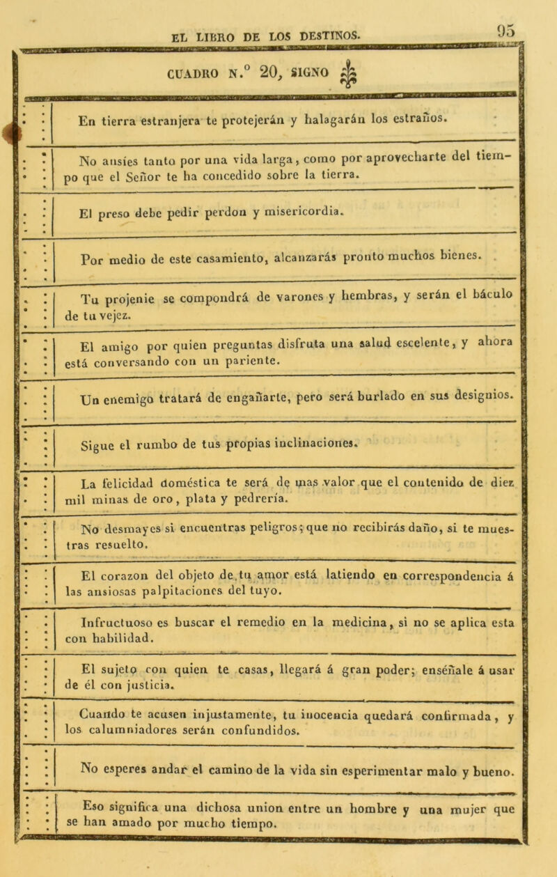 1 CUADRO N.° 20, SIGNO ^ B • B * En tierra estranjera'te protejerin y halagariin los eslraiios. * | • No ausies tantu por una vida larga, corno por aprovecharte del tiein- I po cjue el Seiior te ha concedido sobre la lierra. 1 El preso debc pedir perdon y misericordia. 1 Por medio de este casamiento, alcanzards pronto muchos bienes. . - Tu projenie se compondrd de varones y hembras, y serdn el bdculo de tiivejez. : El amigo por quien preguntas disfruta una aalud escelenle, y ahora esla conversando con un pariente. XJn enemiga tratard de enganarle, pero serd bux'lado en sus desiguios. Sigue el rumbo de tus pfopias inclinaciones. : La t'elicidad domestica te serd dp gaas valor que el coulenido de diez mil minas de oro, plata y pedren'a. No desraaycs si encucntras peligros;que no recibirds daiio, si te raues- § tras resuelto. i i El corazon del objeto de.tu antor esld latiendo en correspondencia d | las ansiosas palpitacioncs del tuyo. § : Infrucluoso es buscar el remedio en la niedicina, si no se aplica esta | con habilidad. | El sujelo con quien te casas, llegard d gran poder; enseiiale d usar | de el con juslicia. { Guando te acusen in}ustamcnte, tu inoceucia quedard contirmada, y 1 los caluraniadores serdn confundidos. | ; No esperes andar el camino de la vida sin esperinienlar malo y bueno. 1 )•: Eso significa una dichosa union entre un hombre y una mujer que | se ban amado por mucho tierapo. 1