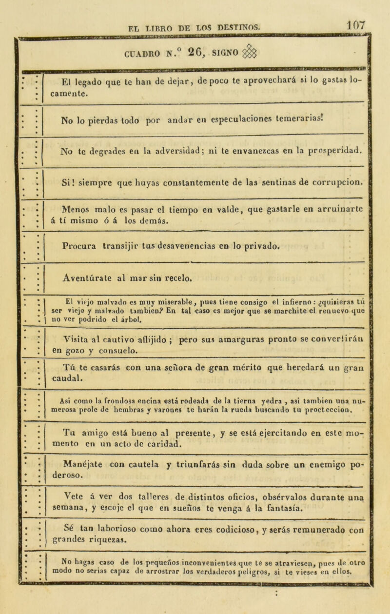 . ~ 1 CUADRO N.° 2G, SIGNO ^ I • • • El legado que te haa de dcjar, de poco te aprovechar^ si lo gastas lo- 1 camente. 1 • • • No lo plerdas lodo por andar ea especulaciones lemerarias! I No le degrades ea la adversldad; ni te eavaaezcas en la prosperidad. 1 Si! siempre que huyas coastantemeate de las sealiaas de corrapcioa. Meaos malo es pasar el tiempo en valde, que gastarle en arruinarle i ti inisnio 6 & los dem^s. Procura transijir lus desaveaencias en lo privado. , • Avenlurale al mar sin recelo. 1 El Viejo malvailo es muy miserable, pues tiene consigo el infierno: ^quitieras tii | I ser viejo y malvado tambieo? En tal caso es mejor que se marchite el renuevo que 1 1 no ver podrido el arbol. 1 Visita al cautivo atlijido ; pero sus amarguras pronto se converiirdu 1 en gozo y consuelo. g Tu te casards con una seiiora de gran merito que heredard un gran caudal. Asi como la frondosa encina esta rodeada de la tierna yedra , asi tambien una nu- merosa prole de hembras y varones te haran la rueda buscando tu procteccion. Tu antigo esid bueno al presente, y se estd ejercitando en este mo- mento en un acto de caridad. | Manejale con cautela y triunfards sin duda sobre un enemigo po- | deroso. 1 Vete d ver dos talleres de distintos oficios, observalos durante una I semana, y escoje el que en sueiios te venga d la fantasia. I . Se Ian laborioso como ahora eres codicioso, y serds remunerado con grandes riquezas. No hagas caso de los pequeiios inconvenientes que te se atrariesen, pues de otro modo no serias capaz de arrostrar los verdaderos peligros, si te vieses en el los.
