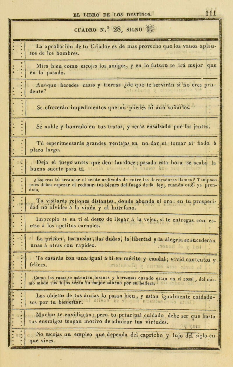 CUADRO N.® 28, SIGNO ^ 1 « • • La aprobarion de tu Criador es de mas provecho que los vaiios aplau- I SOS de los bombres. B . • Mira bien como escojes los amigos, y, ei* lo futuro te ir4 mejor que I en lu pasado. 1 Aunque heredes casjs j tierras ^de que tc servirdu si'lio ercs pru- | deute? 1 Se ofrecer^n impedimentos que no puedes ni aVn “soiiaVloL'’ ' . | Se noble y honrado en tus tralos, y serds ensalzado por las jentes. I ; Tii esperimentards grandes venlajas en no dar^ni lomar al liado a | plazo largo. .9 K De)'a el juego antes que den lai doce; pasada esla bora se acabo la 1 buena suerle para ti. ‘ B ^ Esjieras tii arraiicar el aceite ardieiido de enlre las devoradoras llamas? Tampoco 1 pues debes esperar el redimir tus bieaes del fuego de la ley, cuando estl^. ya pren- 9 dido. B .t ^ Tu visitards ^'ejio.ties,distances, donde ^unda el oro: en tuprosperi- dad no ofvides k la viu’da y al huerfano. Impropio es en ti el deseo de llegar 4 la veje*, si t,e entregas con cs« ceso d los apetilos carnales. ' , . \ La piMsibri , las !dnsias, Jas dudasj la libertad y la alegria sc sucederdn Unas d otras con rapidez. .'au ' ' . . , r Te casards con una igual d ti-en merito y cauda^j vivid conteulos y . Felices. ; - ■ . , , ^ , . . : Como las rosas se ostentan jozanas y hermosas cuando ^stan en el rosal , del mis- 1 mb mbdo tus hijbs seran tu Wjor'adofno p'or su’beltezai ‘ ’ * . i • Los objelos de tus dnsias lo pasan bien, y estan igualmente cuidado- 1 SOS por tu bieWestar, v p f, j,., , , : • : Muchos te envidiardn; pero tu principal cuidado debe ser que hasla I tus eneinigos tengan rnolivo de admirar tus virtudes. 1 ■i VlUi: J < No escojas un empleo que dependa del capricho y- lujo JlH'slglo en | que vives. ^ |