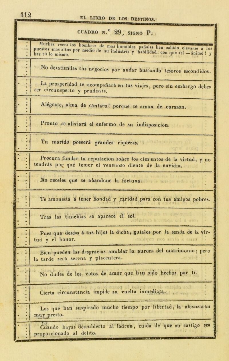 CUADRO N.° 29, SIGNO P. 'saiaT ^Te7arir?'l' hL lu lo mil y ‘‘“bilidad: con que .si -animo ! y No detatiendas tus nrgocios por andar buscando tesoros escondidos. La prospendad te acompanari en lus viajes, pero sin embargo debes ser circunspeclo y prudentp. Alcgratc, alma de c^nlaro! porque te aman de corazon. Pronto se aliviard el enfermo de su indisposicion. Tu marido poseerd grandes riquezas. ‘- Procura fundar tu reputacioii sobre los cimieiitos de la virtud, y no tendrds paij^ que temer el veneiioso dictite de la envidia. No receles que t< abandoiie la fortuna. li. If • t. Te amonesla d leiier bondad y Varidad,p'a'ra con tuV amigos pobres. ' i: • i ■ Tras las tlnieblas se aparece el sol. Pues que deseas d tus hijos la dicha, guialos .por la senda de la vir- lud j el honor. ^ ■: Bien pueden las desgracias anublar la aurora del matrimonio; pero la tarde serd serena y placenlera. > • * 'I ' ^ No dudes de Ips volos de amor que ban sido hechos por li. Cierla circunstancia irapide su vuelta inmediata., Los que ban suspirado mucho tiempo por libertad, la alcanzardn mjiy presto. TTT (iuando bayas descubierto al ladron, cuida de que su castigo sea propoicionado al delito.