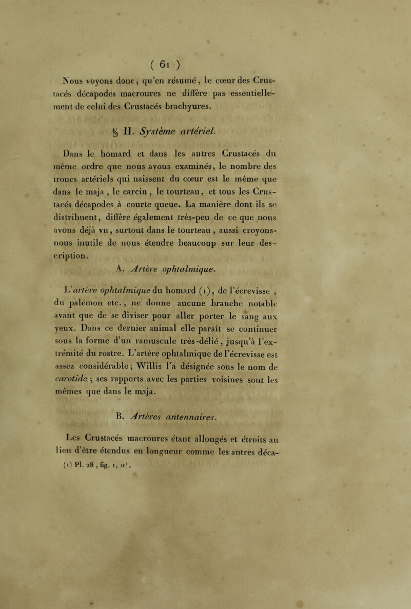 Nous voyons donc, qu’en résumé, le cœur des Crus- tacés décapodes macroures ne diffère pas essentielle- ment de celui des Crustacés brachyures. § II. Système artériel. Dans le homard et dans les autres Crustacés du même ordre que nous avous examinés, le nombre des troncs artériels qui naissent du cœur est le même que dans le maja , le carcin, le tourteau, et tous les Crus- tacés décapodes à courte queue. La manière dont ils se distribuent, diffère également très-peu de ce que nous avons déjà vu, surtout dans le tourteau , aussi croyons- nous inutile de nous étendre beaucoup sur leur des- cription. A. Artère ophtalmique. L’artère ophtalmique du homard (t), de l’écrevisse , du palémon etc. , ne donne aucune branche notable avant que de se diviser pour aller porter le sang aux yeux. Dans ce dernier animal elle parait se continuer sous la forme d’un ramuscule très-délié , jusqu’à l’ex- trémité du rostre. L’artère ophtalmique de l’écrevisse est assez considérable; Willis l’a désignée sous le nom de carotide ; ses rapports avec les parties voisines sont les mêmes que dans le maja. B. Artères antennaires. Les Crustacés macroures étant allongés et étroits au lieu d’être étendus en longueur comme les autres déca-