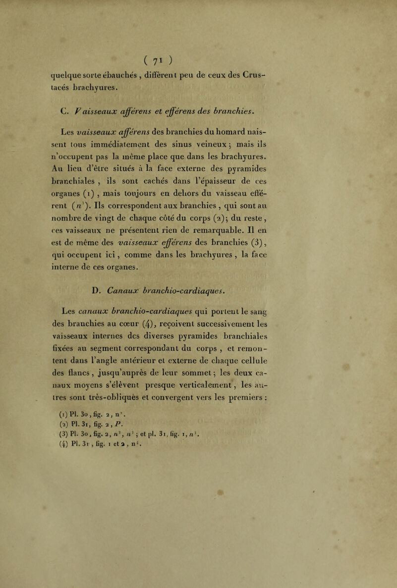 quelque sorte ébauchés , diffèrent peu de ceux des Crus- tacés brachyures. C. y aisseaux afférens et efférens des branchies. Les vaisseaux ajjérens des branchies du homard nais- sent tous immédiatement des sinus veineux $ mais ils n’occupent pas la môme place que dans les brachyures. Au lieu d’être situés à la face externe des pyramides branchiales , ils sont cachés dans l’épaisseur de ces organes (1) , mais toujours en dehors du vaisseau effé- rent (n1). Ils correspondent aux branchies , qui sont au nombre de vingt de chaque côté du corps (2)-, du reste , ces vaisseaux ne présentent rien de remarquable. Il en est de même des vaisseaux efférens des branchies (3), qui occupent ici, comme dans les brachyures , la face interne de ces organes. D. Canaux branchio-cardiaques. Les canaux branchio-cardiaques qui portent le sang des branchies au cœur (4), reçoivent successivement les vaisseaux internes des diverses pyramides branchiales fixées au segment correspondant du corps , et remon- tent dans l’angle antérieur et externe de chaque cellule des flancs, jusqu’auprès de leur sommet ; les deux ca- naux moyens s’élèvent presque verticalement, les au- tres sont très-obliquès et convergent vers les premiers : (1) PI. 3o, fig. 2,n’. « PI-3., fig.2, P. (3) PI. 3o, fig. 2, n', n' ; et pl. 3i, fig. 1, nl. (4) Pl. 31 , fig. 1 et a, n1.