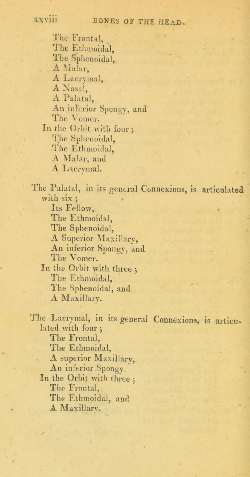 The Frontal, 1 he Ethmoidal, The Sphenoidal, A Malar, A Lacrymal, A 1\ asu!, A Palatal, An inferior Spcngv, and The Vomer. In the Orbit with four j The Sphenoidal, The Ethmoidal, A Malar, and A Lacrvmal. The Palatal, in its general Connexions, is articulated with six *, Its Fellow, The Ethmoidal, The Sphenoidal, A Superior Maxillary, An inferior Spongy, and The \ otrier. In the Orbit with three j The Ethmoidal, 'The Sphenoidal, and A Maxillary. The Lacrvmal, in its general Connexions, is articu* lated with four j The Frontal, The Ethmoidal, A superior Maxillary, An inferior Spongy In the Orbit with three j The Frontal, The Ethmoidal, and A Maxillary.