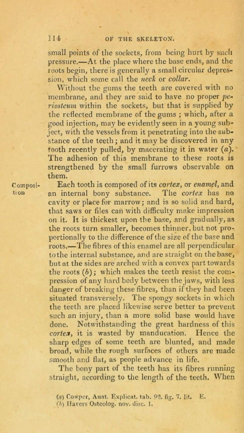 Composi- tion 114 OF THE SKELETON. small points of the sockets, from being hurt by such pressure.—At the place where the base ends, and the roots begin, there is generally a small circular depres- sion, which some call the neck or collar. Without the gums the teeth are covered with no membrane, and they are said to have no proper pe- riosteam within the sockets, but that is supplied by the reflected membrane of the gums ; which, after a good injection, may be evidently seen in a young sub- ject, with the vessels from it penetrating into the sub- stance of the teeth; and it may be discovered in any tooth recently puiled, by macerating it in water («). The adhesion of this membrane to these roots is strengthened by the small furrows observable on them. Each tooth is composed of its cortex, or enamel, and an internal bony substance. The cortex has no cavity or place for marrow; and is so solid and hard, that saws or files can with difficulty make impression on it. It is thickest upon the base, and gradually, as the roots turn smaller, becomes thinner, but not pro- portionally to the difference of the size of the base and roots.—The fibres of this enamel are all perpendicular to the internal substance, and are straight on the base, but at the sides are arched with a convex part towards the roots (b); which makes the teeth resist the com- pression of any hard body between the jaws, with less danger of breaking these fibres, than if they had been situated transversely. The spongy sockets in which the teeth are placed likewise serve better to prevent such an injury, than a more solid base would have done. Notwithstanding the great hardness of this cortex, it is wasted by manducation. Hence the sharp edges of some teeth are blunted, and made broad, while the rough surfaces of others are made smooth and flat, as people advance in life. The bony part of the teeth has its fibres running straight, according to the length of the teeth. When (<z) Cowper, Anat. Explicat. tab. 92. fig. 7. lit. E.