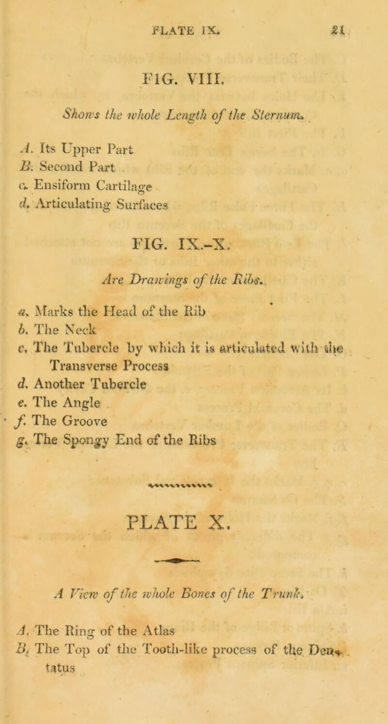 ELATE IX. 21 FIG. VIII. Shows (he whole Length of the Sternum* A. Its Upper Part B. Second Part a Ensiform Cartilage d. Articulating Surfaces FIG. IX.-X. Are Drawings of the Bibs. «. Marks the Head of the Rib b. The Neck e. The Tubercle by which it is articulated with the Transverse Process d. Another Tubercle e. The Angle • f. The Groove g. The Spongy End of the Ribs PLATE X. A View of the whole Bones of the Trunk, A. The Ring of the Atlas B. The Top of the Tooth-like process of the Den* tatus