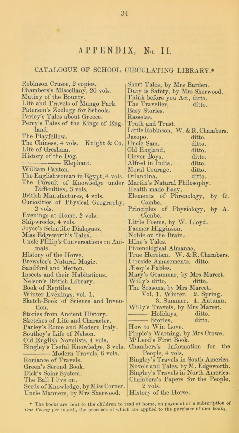 APPENDIX, No. II. CATALOGUE OF SCHOOL CIRCULATING LIBRARY * Robinson Crusoe, 2 copies. Chambers’s Miscellany, 20 vols. Mutiny of the Bounty. Life and Travels of Mungo Park. Paterson’s Zoology for Schools. Parley’s Tales about Greece. Percy’s Tales of the Kings of Eng- land. The Playfellow. The Chinese, 4 vols. Knight & Co. Life of Gresham. Plistory of the Dog. ———• Elephant. William Caxton. The Englishwoman in Egypt, 4 vols. The Pursuit of Knowledge under Difficulties, 3 vols. British Manufactures, 4 vols. Curiosities of Physical Geography, 2 vols. Evenings at Home, 2 vols. Shipwrecks, 4 vols. Joyce’s Scientific Dialogues. Miss Edgeworth’s Tales. Uncle Philip’s Conversations on Ani- mals. History of the Horse. Brewster’s Natural Magic. Sandford and Merton. Insects and their Habitations. Nelson’s British Library. Book of Reptiles. Winter Evenings, vol. 1. Sketch-Book of Science and Inven- tion. Stories from Ancient History. Sketches of Life and Character. Parley’s Rome and Modern Italy. Southey’s Life of Nelson. Old English Novelists, 4 vols. Bingley’s Useful Knowledge, 3 vols. Modern Travels, 6 vols. Romance of Travels. Green’s Second Book. Dick’s Solar System. The Ball I live on. Seeds of Knowledge, by Miss Corner. Uncle Manners, by Mrs Sherwood. Short Tales, by Mrs Burden. Duty is Safety, by Mrs Sherwood. Think before you Act, ditto. The Traveller, ditto. Easy Stories. Rasselas. Truth and Trust. Little Robinson. W. & R. Chambers. Jacopo. ditto. Uncle Sam. ditto. Old England. ditto. Clever Boys. ditto. Alfred in India. ditto. Moral Courage. ditto. Orlandina. ditto. Martin’s Natural Philosophy. Health made Easy. Elements of Phrenology, by G. Combe. Principles of Physiology, by A. Combe. Little Poems, by W. Lloyd. Farmer Higginson. Noble on the Brain. Hine’s Tales. Phrenological Almanac. True Heroism. W. &R. Chambers. Fireside Amusements, ditto. yEsop’s Fables. Mary’s Grammar, by Mrs Marcet. Willy’s ditto. ditto. The Seasons, by Mrs Marcet. Yol. 1. Winter. 2. Spring. 3. Summer. 4. Autumn. Willy’s Travels, by Mrs Marcet. Holidays, ditto. Stories, ditto. How to Win Love. Pippie’s Warning, by Mrs Crowe. M'Leod’s First Book. Chambers’s Information for the People, 4 vols. Bingley’s Travels in South America. Novels and Tales, by M. Edgeworth. Bingley’s Travels in North America. Chambers’s Papers for the People, 2 vols. History of the Horse. * The books are lent to the children to read at home, on payment of a subscription of One Penny per month, the proceeds of which are applied to the purchase of new books.