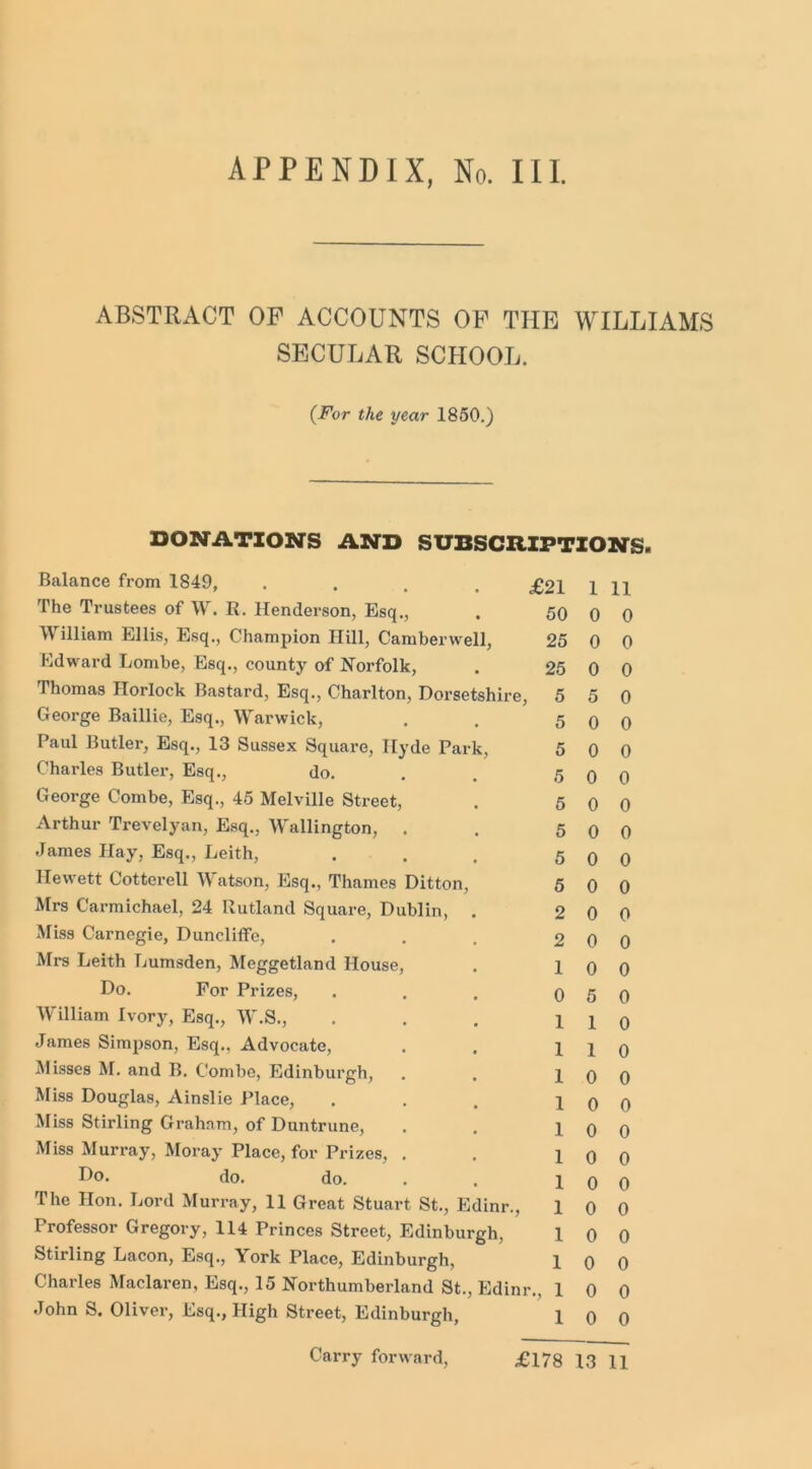 APPENDIX, No. III. ABSTRACT OF ACCOUNTS OF THE WILLIAMS SECULAR SCHOOL. (For the year 1850.) DONATIONS AND SUBSCRIPTIONS. Balance from 1849, .... The Trustees of W. R. Henderson, Esq., William Ellis, Esq., Champion Hill, Camberwell, Edward Lombe, Esq., county of Norfolk, Thomas Horlock Bastard, Esq., Charlton, Dorsetshire, George Baillie, Esq., Warwick, Paul Butler, Esq., 13 Sussex Square, Hyde Park, Charles Butler, Esq., do. George Combe, Esq., 45 Melville Street, Arthur Trevelyan, Esq., Wallington, . James Hay, Esq., Leith, Hewett Cotterell Watson, Esq., Thames Ditton, Mrs Carmichael, 24 Rutland Square, Dublin, . Miss Carnegie, Duncliffe, Mrs Leith Lumsden, Meggetland House, Do. For Prizes, William Ivory, Esq., W.S., James Simpson, Esq., Advocate, Misses M. and B. Combe, Edinburgh, Miss Douglas, Ainslie Place, Miss Stirling Graham, of Duntrune, Miss Murray, Moray Place, for Prizes, Go. do. do. The Hon. Lord Murray, 11 Great Stuart St., Edinr., 1 Professor Gregory, 114 Princes Street, Edinburgh, 1 Stirling Lacon, Esq., York Place, Edinburgh, 1 Charles Maclaren, Esq., 15 Northumberland St., Edinr., 1 John S. Oliver, Esq., High Street, Edinburgh, 1 £21 50 25 25 5 5 5 5 5 5 5 5 2 2 1 0 0 0 5 1 1 1 11 0 0 0 0 0 0 5 0 0 0 0 0 0 0 0 0 0 0 0 0 0 0 0 0 0 0 0 1 0 0 0 0 0 0 0 0 0 0 0 0 0 0 0 0 0 0 0 0 0 0 Carry forward, £178 13 11