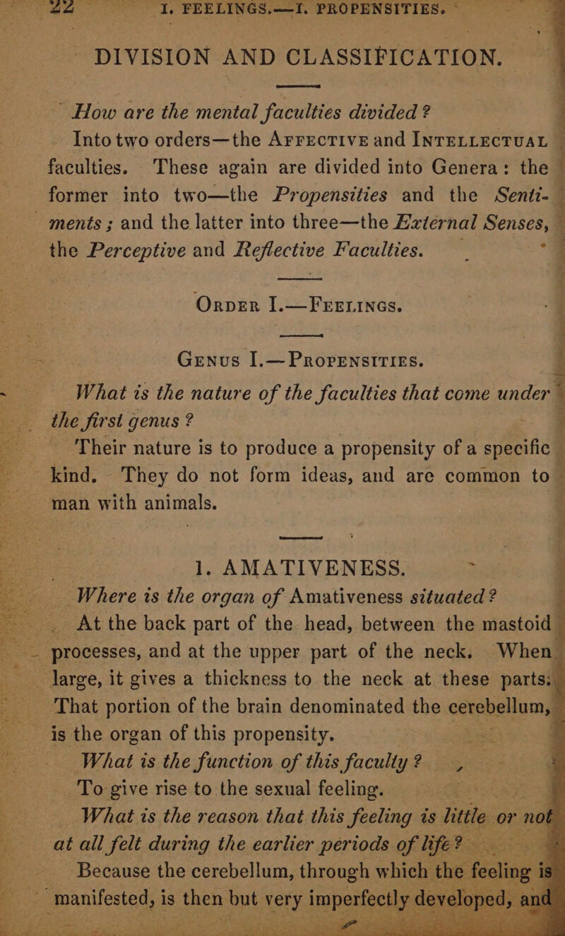 DIVISION AND CLASSIFICATION. ' How are the mental faculties divided ? . Into two orders—the Arrective and INTELLECTUAL — faculties. These again are divided into Genera: the © former into two—the Propensities and the Sentt- 4 - ments ; and the latter into three—the External Senses, { the Perceptive and Reflective Faculties. “| Orver I.—FEeELInGs. 2 4 Genus I.— PRopENSITIES. What ts the nature of the faculties that come under : the first genus ? : Their nature is to produce a propensity of a setae 4 kind. They do not form ideas, and are common to man with animals. eae U 3 1, AMATIVENESS. 2 : _ Where is the organ of Amativeness situated ? _. At the back part of the head, between the mastoid — _ processes, and at the upper part of the neck. When large, it gives a thickness to the neck at these parts: That portion of the brain denominated the cerebellum, _ is the organ of this propensity. 5 To give rise to the sexual feeling. . What is the reason that ie ee is site or r not 4