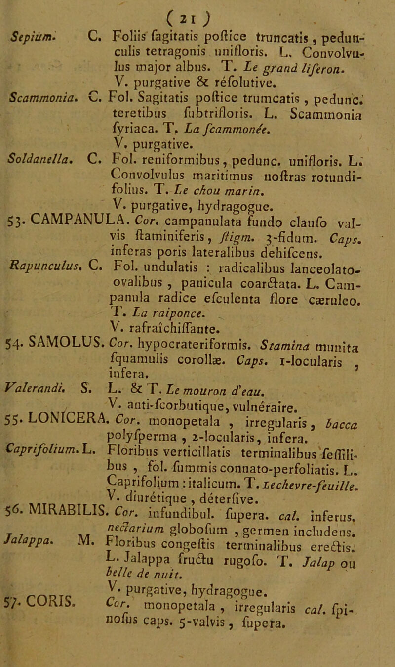 Sepium. C. Foliis fagitatis poftice truncatis , peduti- culis tetragonis unifloris. L, Convolvu- Jus major albus. T. Le grand liferon. V. purgative & réfolutive. Scammonia. C. Fol. Sagitatis poftice trumcatis , pedunc.' teretibus fubtrifloris. L. Scaminonia fyriaca. T. La fcammonée. V. purgative. Soldanella. C. Fol. reniformibus, pedunc. unifloris. L. Convolvulus rnaritiinus noftras rotundi- folius. T. Le chou marin. V. purgative, hydragogue. 53. CAMPANULA. Cor. campanulata fuudo claufo val- vis ftaminiferis, Jligm. 3-fidum. Caps. inféras poris lateralibus dehifcens. Rapunculus. C. Fol. undulatis : radicalibus Janceolato- ovalibus , panicula coar&ata. L. Catn- panula radice efculenta flore cæruleo. 1'. La raiponce. V. rafraîchiflante. 54. SAMOLUS. Cor. hypocrateriformis. Stamina munita fquamulis corollæ. Caps, i-locularis , îufera. ’ Valerandi. S. L. & L. Le mouron d'eau. V. anti-fcorbutique, vulnéraire. 55. LONICERA. Cor. monopetala , irregularis, bacca polyfperma , 2-îocularis, inféra. Caprifolium.L. Floribus verticillatis tertninalibus feflili- bus , fol. fumtnis connato-perfoliatis. L. Caprifolium :italicum. T .Le chevre-feuille. V. diurétique , déterfive. 56. MIRABILIS. Cor. infutidibul. fupera. cal. inferus. j j .. nectarium globofum , germen includens. Jalappa. M. Floribus congelfis tertninalibus ere&is. L. Jalappa fruftu rugofo. T. Jalap ou belle de nuit. V* purgative, hydragogue. Cor. monopetala , irregularis cal. fpî- nolus caps. 5-vaIvis, fupera. 5;. CORIS.