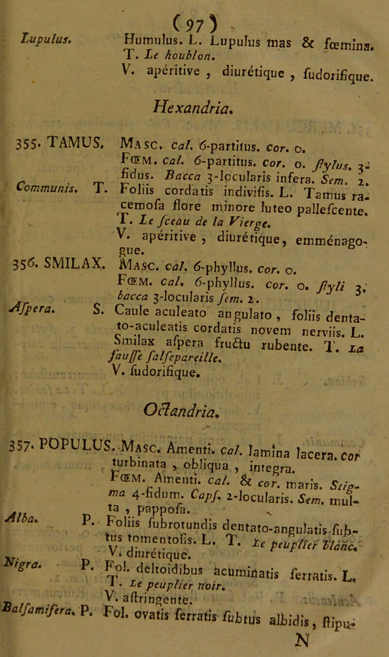 Commuais. T. Afpera. T (97) - Lupulus. Humulus. L. JLupuIus mas & fœmjn» T. Le houblon. ” V. apéritive , diurétique , fudorifique. Hexandriû. 355* TAMUS, Masc. cal. <5-partîfus. cor. o. Fœm. cal. 6-partitus. cor. o. fylus. 3- fidus. Bacca 3-Iocularis inféra. Sem. 2. Fol iis cordatis indivifïs. L. Tamus ra- cemofa flore minore Iuteo pallefcente. r. Le fceau de la Vierge. V. apéritive , diurétique, emménago^ f;ue. 35^* SMILAX. Masc. cal. 6-phyllus. cor. o. Fœm. cal. 6-phyllus. cor. o. flyli 3; bacca 3locuIaris fem. 2. S. Caule aculeato angulato, foliis denta- to-aculeatis cordatis novem nerviis. L. bradas afpera frudu rubente. 1'. La jauge Jalfepareille. V. fudorifique. > r' . •* _ r ‘ Oclandria. 357- PD PU LUS. Masc. Ament!. cal. lamina lacera. Cor turbinata , obliqua , integra. Fœm. Alneutî. cal. & cor. mar]s. Sti ma 4-fidum Cap/. l-Iocularis. Sim. mul- ta , pappofa. P. Foins fubrotundis dentato-angulatis fiib- rssz'- ■ P. Fol. deltoidibus acümiuatis ferratis. L. i . Le peuplier noir. » tr .r V. aftringenté.  : v .<v ‘ alfam.fira. P. fol, ovatis fc„atis ^ N Alba» Migra,