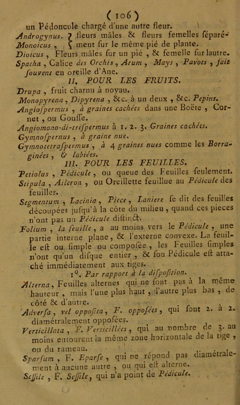 (ï°6) un Pédoncule chargé d'une autre fleur. \ Androgynus. ? fleurs tnâles & fleurs femelles féparé-' Monoicus , \ ment fur le même pié de plante. Dioicus , Fleurs mâles fur un pié , & femelle furlautre. Spatha , Calice des Orchis , Arum , Mays , Pavots , fait fouvetit en oreille d’Ane. 11, POUR LES FRUITS. Drupa , fruit charnu à noyau. Monopyrena, Dipyrena , &c. à un deux , &c. Pépins. Angiofpermus , à graines cachées dans une Boëte , Cor- net , ou Gouffe. Angiomono'di-trifpermus à i. 2. 3* Graines cachées. Gymnofpernus , a graine nue. Gymnotetrafpermus , à 4 graines nues comme les Borra- ginées , ù labiees. IU. POUR LES FEUILLES. Petiolus , Pédicule , ou queue des Feuilles feulement. Stipula , Aileron , ou Oreillette feuillue au Pédicule des feuilles. . Segmentum , Lacinia , Piece , Laniere fe dit des remues découpées jufqu’à la côte du milieu , quand ces pièces n’ont pas un Pédicule diftinôL Folium , la feuille , a au moins vers le Pédicule , une partie interne plane , & l’externe convexe. La feuil- le eft ou limple ou compofée , les Feuilles (impies n’ont qu’un difque entier , & fou Pédicule eft atta- ché immédiatement aux tiges. 1°. Par rapport à la difpofition. Alterna, Feuilles alternes qui ne font pas à la même hauteur , mais l’une plus haut 7 1 autre pius bas , cie côté & d’autre. Adverfa , vel oppofna, F. oppofées, qui font Z. a 2. diamétralement oppofées. Verticillata , F. Verticillées , qui au nombre de 3. au moins entourent la même zone horizontale de la tige , ou du rameau. , .. SparJ'um , F. Eparfe , qui ne répond pas diamétrale- ment à aucune autre , ou qui eft alterne. SeJJile , F. S effile, qui n’a point de Pédicule.