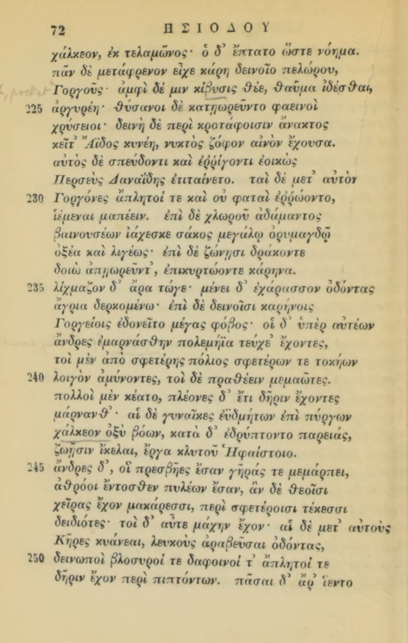 χάλχεον, έχ τελαμώνος· ό δ’ ε'ητατο ώστε νόημα, παν δέ μετάφρενον είχε χαρί] δεινοϊο ηελωρου, Γοργούς ■ άμφί δέ μιν χΐβνσις -&έε, Ο αν μα ιδέσ&αι, 225 άργνρέη’ -θύσανοι δέ χατιμοοεννιο φαεινοί χρύσειοΐ' δεινή δέ περί χροτάφοισιν αναχτος χέίτ 'Αϊδος χννέη, ννχτός ζόφον αίνον ε’χονσα. αυτός δέ σπεύδοντι χαι έρόίγοντι έοιχως Περσενς Α αναιδής ετιταίνετο. ταϊ δέ μετ αντοτ 230 Γοργόνες α π λιμοί τε χαι ον φαται ερρωοντο, ιέμεναι μαηέειν. έηι δέ χλωρόν αδαμαντος βαινονσέων ίάχεσχε σάχος μεγάλοι ορυμαγδοί οξέα χαι λιγέως · έηι δέ ζωνι/σι δραχοντε δοιώ αηηωρενντ , έηιχυρτώοντε χάρψα. 23Γ> λίχμαζον δ’ αρα τώγε- μένει δ’ ε'χάρασσον όδόντας αγρια δερχομένο) · έηι δέ δεινοίσι χαρήνοις Γοργείοις έδονεϊτο μέγας φόβος· οι δ’ νπέρ αντέων ανδρες έμαρνάσθην ηολεμίμα τεύχε εχοντες, τοι μεν αηό σφετέρης πάλιος σφετέρων τε τυχιμσν 240 λοιγόν αμύνοντες, τοί δέ πρα&έειν μεμαώτες. πολλοί μεν χέατο, πλέονες δ έτι δήριν εχοντες μαρναν& · αΐ δέ γννσϊχες ένδμήτων έπι τινργων χαλχεον οξν βοιον, χατα δ έδρνητοντο παρειάς, ζωησίν ιχελαι, έργα χλχ’τον ΙΙφαίστοιο. .45 ανδρες δ , οι πρεσβηες εσαν γήράς τε μεμάρπει, αθροοι εντοσ&εν πνλέων έσαν, αν δέ θεοϊσι χειρ ας εχον μαχαρεσσι, περί σφετέροισι τέχεσσι δειδιοτες τοι δ άντε μάχην εχον' «» δέ μετ αντονς Χήρες χνανεαι, λενχονς αραβενσαι οδοντας, .50 δεινωποι βλοσυροί τε δαφοινοΐ τ απλητοί τε δτ,ριν εχον περί πιπτόντων. πάσαι δ' άρ 'ιεντο