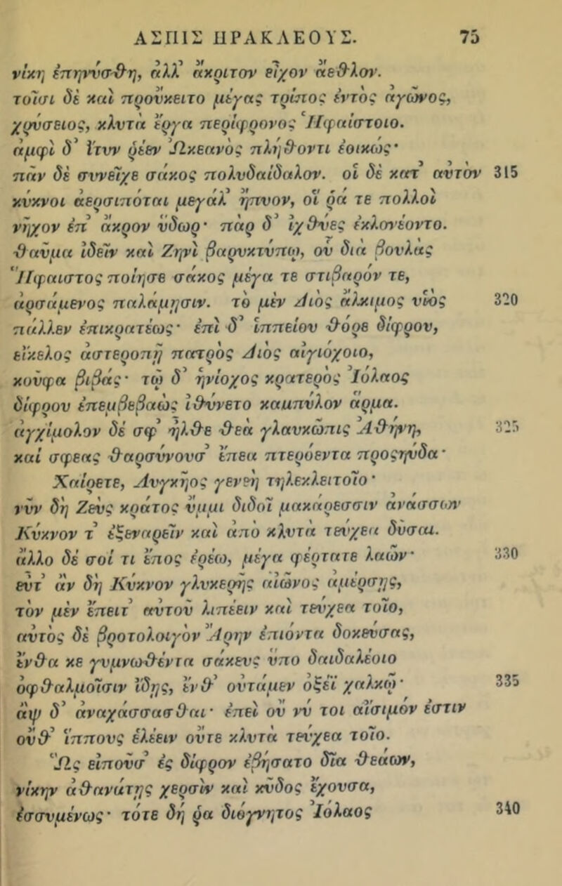 νίκη επηννσ-θη, άλλϋ άκριτον είχον άεθλοΐ’. τοίσι δέ καί προνχειτο μέγας τράτο: έντος αγώνος, χρνσειος, χλντα έργα περίφρονβς Πφαίστοιο. άμφί δ’ Ιινν ρέαν Λχεανος πληθοντι έοιχτος’ παν δέ σιψείχε σάκος πολυδαίδαλοι1, οι δέ χατ αυτόν κύκνοι άερσιπόται μεγάλ’ ψτνον, οϊ ρα τε πολ.λοϊ ν>ιχον επ’ άχρον νδιορ · παρ δ ιχθύες ε'κλονεοντο. ■θαύμα ιδέαν χαί Ζηνί βαρυχτνπω, ού δια Βούλας Ηφαιστος ποίησε σάκος μέγα τε στιβαρον τε, άρσάμενος παλάμησιν. το μεν Αιος αίχιμος νιος πάλλεν έπιχρατέως έπί δ ίππείον -θορε δίφρον, εϊχελος άστεροπί} πατοδς Αιός αιγιοχοιο, κουφά βιβάς · τώ ηνίοχος χρατερός ΐόλαος δίφρου έπεμβεβαώς ίθννετο χαιιπνλον αρμα. άγχίμολον δέ σφ’ ήλθε -θεά γλαυχώπις Αθψη, χαί σφεας -θαρσννουσ ϊπεα πτερυεντα προςτ/νδα * Χαίρετε, Λνγχηος γενεη τηλεκλειτοίο' νυν δη Ζευς κράτος νμμι διδοί μαχαοεσσιν ανασστον Κύκνον τ έζεναρεϊν χαί απυ χλντα τειιχεα δυσαι. άλλο δέ σοί τι έπος έρέω, μέγα φέρτατε λαών εντ αν δ?/ Κύκνον γλυκερής αιώνος αμέρσ^ς, τον μεν έπειτ’ αυτού λιπέειν χαί τενχεα τοίο, αυτός δέ βροτολοιγον Αρην έπιόντα δοχενσας, ένθα κε γνμντοθέντα σακενς υπο δαιδαλέοιο οφθαλμοίσιν Ιδης, εν θ’ οντάμεν οξεΐ χαλκοί · άψ δ’ άναχάσσασθαι· επεί ου νν τοι αισιμον εστιν ούθ’ ίππους έλέειν ούτε χλντα τηχεα τοίο. ΧΙς είπούσ’ ές δίφρον έβησατο δία θεατόν, νίκην α θανάτχς χερσίν καί χύδος εχονσα, έσσνμένως· τότε δή ρα διόγνητος Ιολαος 315 320 325 330 335 340