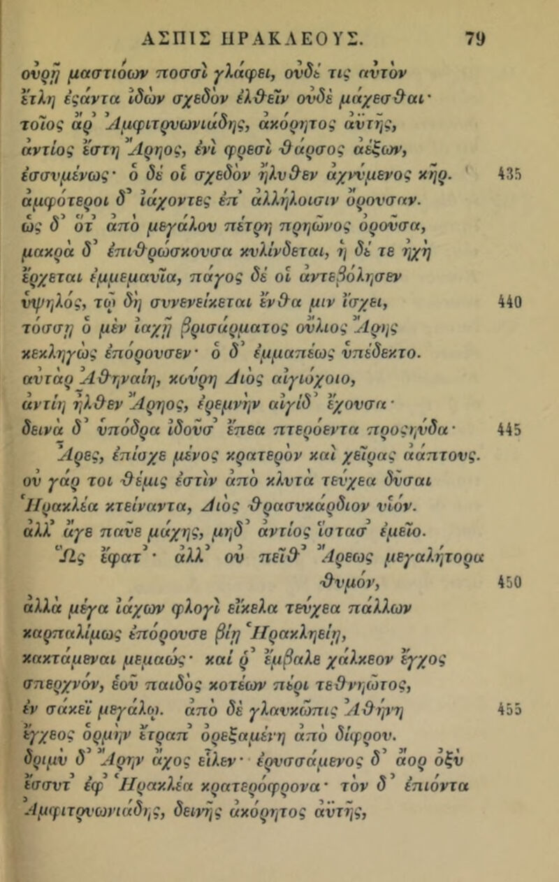 ονρή μαστιόων ποσσι γλάφει, ονδϊ τις αυτόν έτλη ε'ςάντα ίδων σχεδ'ον ϊλ&έϊν ονδϊ μάχεσ&αΐ' τοως άρ 'Αμφιτρνωνιάδης, αχό ρητός αυτής, άντϊος ϊστη Λρηος, ένι φρεσΐ -ΰάοσος αέξων, έσσνμένως4 ο δϊ οϊ σχεδόν ηλν&εν αχννμένος κήρ. άμφότεροι (5’ ιάχοντες έπ' άλλήλοισιν ορονσαν. ως δ’ οτ από μεγάλου πϊτρη πρηωνος οροΰσα, μαχρά <5 ’ έπιϋρωσχονσα χνλίνδεται, ή δϊ τε ηχή έρχεται ϊμμεμανϊα, πάγος δϊ οι άντεβόλησεν υψηλός, τω δη σννενε/χεται εν&α μιν ΐσχει, τόσση ό μέν ιαχή βρισάρματος ουλιος Αρης χεχληγως έπορονσεν ό δ ϊμμαπϊως υπίδεχτο. αυτάρ Α&ηναίη, κονρη Αιός αιγιόχοιο, αντίή ήλ&εν Αρηος, ερεμνήν αιγϊδ έχονσα4 δεινά <5’ υπόδρα Ιδοϋσ επεα πτεροεντα προςηνδα4 Άρες, επϊοχε μένος χρατερόν και χειρας αάπτους. ον γάρ τοι Όίμις ϊστιν από κλντά τενχεα δνσαι ΙΙρακλϊα χτεΐναντα, Αιος χλρασνχαρδιον υίον. άλλ’ άγε παύε μάχης, μηδ ’ άντϊος 'ίστασ ϊμέϊο. IIς έφατ’· αλλ’ ου πέϊ&' Αρεως μεγαλήτορα χλυμον, αλλά μέγα Ιάχων φλογι εΐκελα τενχεα πάλλων καρπαλίμως επόρονσε βϊη <Ιίραχληείη, χαχταμεναι με μα ως4 καί ρ έμβαλε χάλχεον έγχος σπερχνον, έον παιδός χοτέων πϊρι τεϋνηωτος, ϊν σαχεϊ μεγάλοι, από δϊ γλανχώπις Α&ηνη έγχεος ορμήν ετραπ ορεξαμένη από δίφρον, δριμν δ *Αρην άχος ε'ιλεν4 έρνσσάμενος δ’ άορ όξν εσσντ έφ ΙΙρακλϊα χοατεοόφοονα4 τον δ έπιόντα Αμφιτρνωνιάδης, δεινής άχόρητος αυτής, 435 440 445 450 455