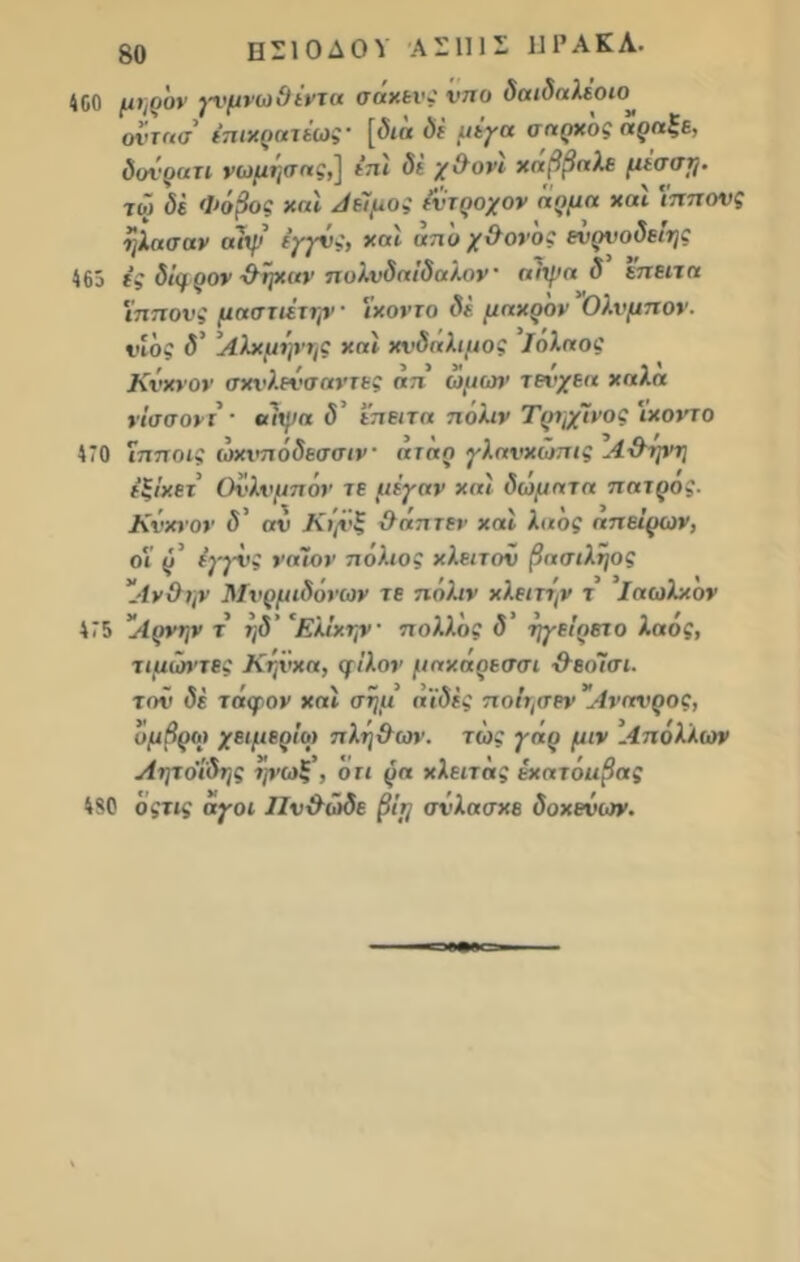 ιππονς 400 μΐ]ρόν γνμνωΟέντα οαχενς νπο δαιδαλεοιο^ οντασ επιχρατίως' [<5/α δε μέγα σαρχος αραξε δονρατι νωμήσης,] ΐπ< δε χ&ονι χάββαλε μέσστ}. τώ <5έ Φόβος χαϊ Αεϊμος ίντροχον η ο μη χαϊ 'ΐππ< βίασαν αϊψ εγγνς, χαϊ οπό χΰονός ενρνοδείης 465 {£ δίφρον χληχαν πολυδαίδαλον' αϊψα δ επειτη ιππονς μαστιέτψ · ΐχοντο δε μαχρόν Ολυμπον. νΙος (V Αλχμψτ,ς χαϊ χνδαλιμος ΐόλαος Κνχνον σχνλενσαντες απ ώμων τεόχεα χαλα νΐσσονι · α!χ}ΐα δ’ επειτα πόλιν ΤρηχΊνος Ϊχοντο 470 Ίπποις ώχνπόδεσσιν αιαο γλανχώπις Α&ψη έξίχετ Ονλνμπόν τε μέγαν χαϊ δώματα πατρος. Κνχνον δ' αν Κτ/νξ χλάπτεν χαϊ λαός απείρων, ο» ΰ’ εγγνς ναϊον πόλιος χλειτον βασιληος *ΑνΟψ Μνρμιδόνων τε πόλιν χλειτίρ τ Ιαωλχον 475 *Λρνην τ ηδ’ 'Ελΐχην πολλός δ ήγειρετο λαός, τιμιϊη’τες Κηνχα, φίλον μαχάρεσσι &εο!σι. τον δε τάφον χαϊ σημ αϊδες ποίησεν 'Ανανρος, όμβρω χειμερίω πλή&ων. τώς γάρ μιν Απόλλων Αητο'ίδης ηνωξ’, ότι ρα χλειτάς εχατόιιβας 480 όςτις αγοι ΙΙν&ώδε βίτ/ σνλασχε δοχενων.