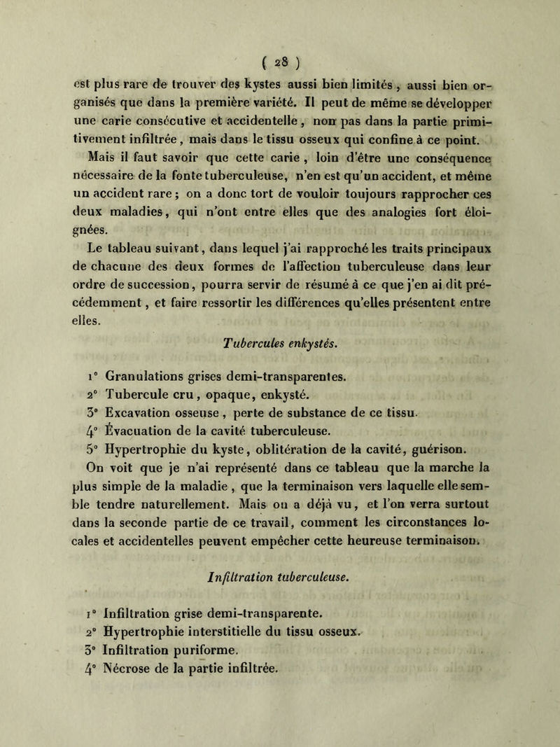 est plus rare de trouver des kystes aussi bien limités , aussi bien or- ganisés que dans la première variété. Il peut de même se développer une carie consécutive et accidentelle , non pas dans la partie primi- tivement infiltrée , mais dans le tissu osseux qui confine à ce point. Mais il faut savoir que cette carie , loin d’être une conséquence nécessaire de la fonte tuberculeuse, n’en est qu’un accident, et même un accident rare ; on a donc tort de vouloir toujours rapprocher ces deux maladies, qui n’ont entre elles que des analogies fort éloi- gnées. Le tableau suivant, dans lequel j’ai rapproché les traits principaux de chacune des deux formes de l’affection tuberculeuse dans leur ordre de succession, pourra servir de résumé à ce que j’en ai dit pré- cédemment , et faire ressortir les différences qu’elles présentent entre elles. Tubercules enkystés. i° Granulations grises demi-transparenles. 2° Tubercule cru, opaque, enkysté. 3° Excavation osseuse , perte de substance de ce tissu. 4° Évacuation de la cavité tuberculeuse. 5° Hypertrophie du kyste, oblitération de la cavité, guérison. On voit que je n’ai représenté dans ce tableau que la marche la plus simple de la maladie , que la terminaison vers laquelle elle sem- ble tendre naturellement. Mais ou a déjà vu, et l’on verra surtout dans la seconde partie de ce travail, comment les circonstances lo- cales et accidentelles peuvent empêcher cette heureuse terminaison. Infiltration tuberculeuse. i° Infiltration grise demi-transparente. 2° Hypertrophie interstitielle du tissu osseux. 3® Infiltration puriforme. 4° Nécrose de la partie infiltrée.