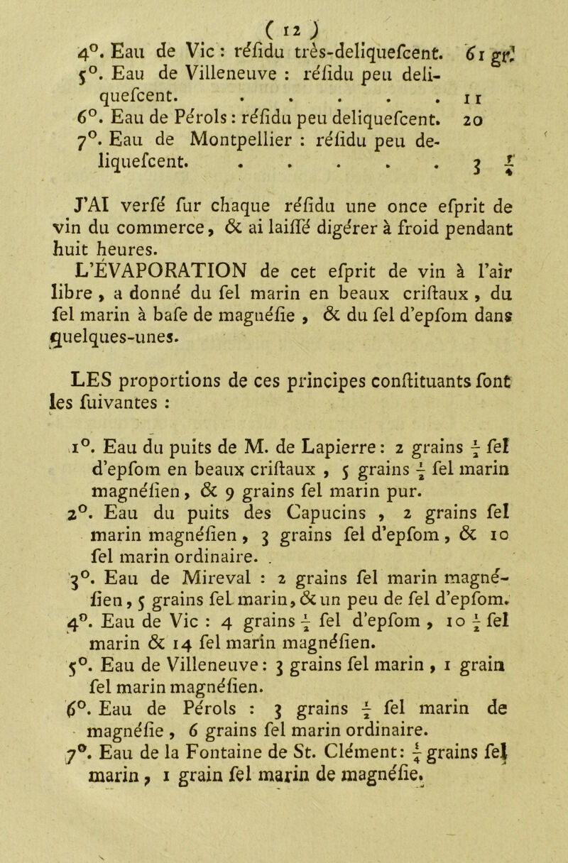 4°. Eau de Vie: réfidu très-deliquefeent. 6igr! 5°. Eau de Villeneuve : réfidu peu deli- quefeent. . . . . . i r 6°. Eau de Pérols : réfidu peu deliquefeent. 20 70. Eau de Montpellier : réfidu peu de- liquefeent. . . . . . 3 X J’AI verfé fur chaque réfidu une once efprit de vin du commerce, 6c ai laifiTé digérer à froid pendant huit heures. L’ÉVAPORATION de cet efprit de vin à Pair libre , a donné du fel marin en beaux criftaux , du fel marin à bafe de magnéfie , 6c du fel d’epfom dans quelques-unes. LES proportions de ces principes conftituants font les fuivantes : i°. Eau du puits de M. de Lapierre: 2 grains j- fel d’epfom en beaux criftaux , 5 grains j fel marin magnéfien, 6c 9 grains fel marin pur. 2°. Eau du puits des Capucins , 2 grains fel marin magnéfien, 3 grains fel d’epfom, 6c 10 fel marin ordinaire. . 30. Eau de Mireval : 2 grains fel marin magné- fien , 5 grains fel marin, 6cun peu de fel d’epfom. 4°. Eau de Vie : 4 grains 7 fel d’epfom , 10 { fel marin 6c 14 fel marin magnéfien. 50. Eau de Villeneuve: 3 grains fel marin , 1 grain fel marin magnéfien. C°. Eau de Pérols : 3 grains 7 fel marin de magnéfie , 6 grains fel marin ordinaire. 70. Eau de la Fontaine de St. Clément: {grains fel marin, 1 grain fel marin de magnéfie.