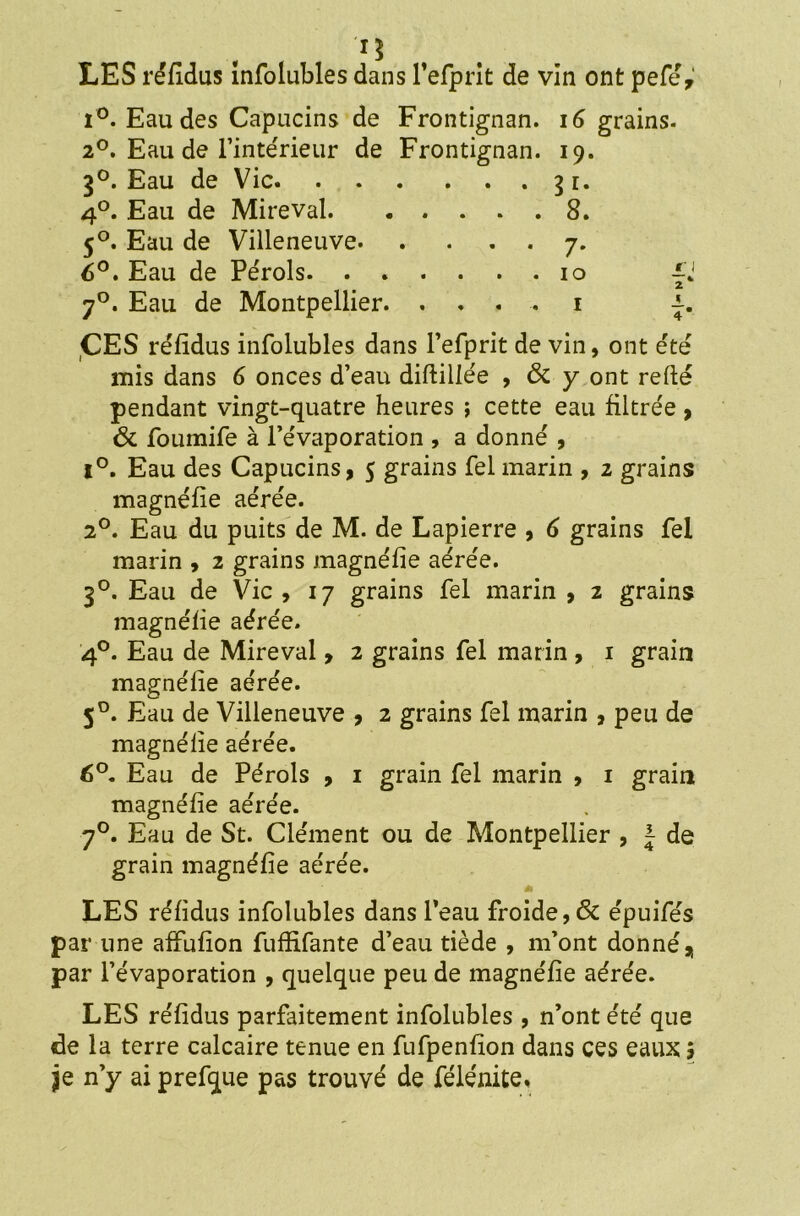 LES réfidus infolubles dans refprît de vin ont pefé, i°. Eau des Capucins de Frontignan. 16 grains. 2°. Eau de l’intérieur de Frontignan. 19. 30. Eau de Vie 31. 4°. Eau de Mireval 8. 50. Eau de Villeneuve 7. 6°. Eau de Pérols 10 -i. _ 2 70. Eau de Montpellier. . . . . 1 CES réfidus infolubles dans l’efprit de vin, ont été mis dans 6 onces d’eau diftiüée , ôt y ont refté pendant vingt-quatre heures ; cette eau filtrée, & foumife à l’évaporation , a donné , i°. Eau des Capucins, 5 grains felmarin , 2 grains magnéfie aérée. 20. Eau du puits de M. de Lapierre , 6 grains fel marin , 2 grains magnéfie aérée. 30. Eau de Vie, 17 grains fel marin , 2 grains magnéfie aérée. 4°. Eau de Mireval, 2 grains fel marin , 1 grain magnéfie aérée. 50. Eau de Villeneuve , 2 grains fel marin , peu de magnéfie aérée. 6°. Eau de Pérols , 1 grain fel marin , 1 grain magnéfie aérée. 70. Eau de St. Clément ou de Montpellier , ~ de grain magnéfie aérée. A LES réfidus infolubles dans l’eau froide, & épuifés par une affufion fuffifante d’eau tiède , m’ont donné, par l’évaporation , quelque peu de magnéfie aérée. LES réfidus parfaitement infolubles , n’ont été que de la terre calcaire tenue en fufpenfion dans ces eaux y je n’y ai prefque pas trouvé de félénite*