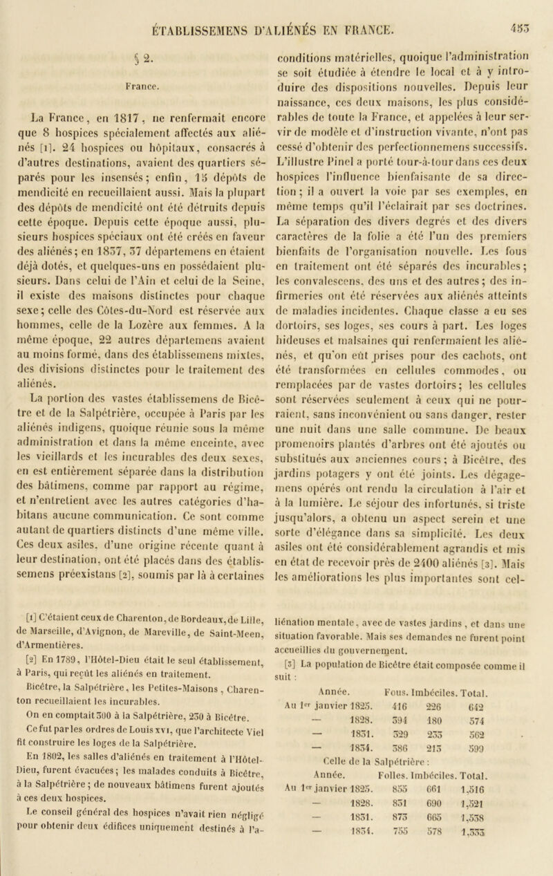 §2. France. La France, en 1817, ne renfermait encore que 8 hospices spécialement affectés aux alié- nés [i]. 24 hospices ou hôpitaux, consacrés à d’autres destinations, avaient des quartiers sé- parés pour les insensés; enfin, 15 dépôts de mendicité en recueillaient aussi. Mais la plupart des dépôts de mendicité ont été détruits depuis cette époque. Depuis celte époque aussi, plu- sieurs hospices spéciaux ont été créés en faveur des aliénés; en 1837, 57 départemcns en étaient déjà dotés, et quelques-uns en possédaient plu- sieurs. Dans celui de l’Ain et celui de la Seine, il existe des maisons distinctes pour chaque sexe; celle des Côtes-du-Nord est réservée aux hommes, celle de la Lozère aux femmes. À la même époque, 22 autres départemcns avaient au moins formé, dans des établissemens mixtes, des divisions distinctes pour le traitement des aliénés. La portion des vastes établissemens de Bicê- tre et de la Salpétrière, occupée à Paris par les aliénés indigens, quoique réunie sous la même administration et dans la même enceinte, avec les vieillards et les incurables des deux sexes, en est entièrement séparée dans la distribution des bâtimens, comme par rapport au régime, et n’entretient avec les autres catégories d’ha- bitans aucune communication. Ce sont comme autant de quartiers distincts d’une même ville. Ces deux asiles, d’une origine récente quant à leur destination, ont été placés dans des établis- scmcris préexistons [2], soumis par là à certaines conditions matérielles, quoique l’administration se soit étudiée à étendre le local et à y intro- duire des dispositions nouvelles. Depuis leur naissance, ces deux maisons, les plus considé- rables de toute la France, et appelées à leur ser- vir de modèle et d’instruction vivante, n’ont pas cessé d’obtenir des perfectionnemens successifs. L’illustre Pinel a porté tour-à-tour dans ces deux hospices l’influence bienfaisante de sa direc- tion ; il a ouvert la voie par ses exemples, en même temps qu’il l’éclairait par ses doctrines. La séparation des divers degrés et des divers caractères de la folie a été l’un des premiers bienfaits de l’organisation nouvelle. Les fous en traitement ont été séparés des incurables; les convalescens, des uns et des autres; des in- firmeries ont été réservées aux aliénés atteints de maladies incidentes. Chaque classe a eu ses dortoirs, ses loges, ses cours à part. Les loges hideuses et malsaines qui renfermaient les alié- nés, et qu'on eût jprises pour des cachots, ont été transformées en cellules commodes, ou remplacées par de vastes dortoirs; les cellules sont réservées seulement à ceux qui ne pour- raient, sans inconvénient ou sans danger, rester une nuit dans une salle commune. De beaux promenoirs plantés d’arbres ont été ajoutés ou substitués aux anciennes cours; à Bicètre, des jardins potagers y ont été joints. Les dégage- rnens opérés ont rendu la circulation à l’air et à la lumière. Le séjour des infortunés, si triste jusqu’alors, a obtenu un aspect serein et une sorte d’élégance dans sa simplicité. Les deux asiles ont été considérablement agrandis et mis en état de recevoir près de 2400 aliénés [3]. Mais les améliorations les plus importantes sont cel- [1] C’étaient ceux de Charenlon,de Bordeaux,de Lille, de Marseille, d’Avignon, de Mareville, de Saint-Meen, d’Armentières. [2] En 1789, l’Hôtel-Dieu était le seul établissement, à Paris, qui reçût les aliénés en traitement. Bicètre,la Salpétrière, les Petites-Maisons , Charen- ton recueillaient les incurables. On en comptait 300 à la Salpétrière, 230 à Bicètre. Ce fut parles ordres de Louis xvi, que l’architecte Viel fit construire les loges de la Salpétrière. En 1802, les salles d’aliénés en traitement à l’Hôtel- Dieu, furent évacuées; les malades conduits à Bicètre, à la Salpétrière ; de nouveaux bâtimens furent ajoutés à ces deux hospices. Le conseil général des hospices n’avait rien négligé pour obtenir deux édifices uniquement destinés à l’a- liénation mentale, avec de vastes jardins, et dans une situation favorable. Mais ses demandes ne furent point accueillies du gouvernement. [3] La population de Bicètre était composée comme il suit : Année. Fous. Imbéciles. Total. Au 1er janvier 1825. 416 226 642 — 1828. 394 180 574 — 1831. 329 233 562 — 1834. 386 213 599 Celle de la Salpétrière l Année. Folles. Imbéciles. Total. Au 1er janvier 1825. 855 661 1,516 1828. 831 690 1,521 1831. 873 665 1,538 — 1834. 755 578 1,333