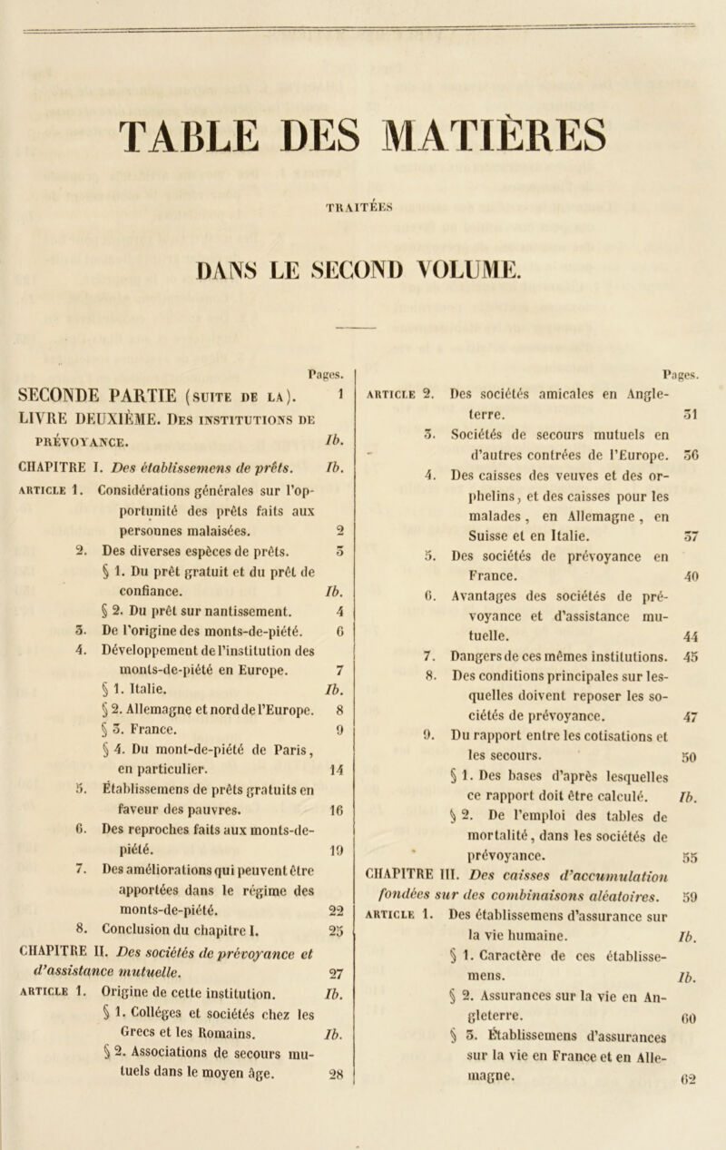 TABLE DES MATIÈRES TRAITÉES DANS LE SECOND VOLUME. Pages. SECONDE PARTIE (suite de la). i LIVRE DEUXIÈME. Des institutions de PRÉVOYANCE. Ib. CHAPITRE I. Des établisserncns de prêts. Ib. article 1. Considérations générales sur l’op- portunité des prêts faits aux personnes malaisées. 2 2. Des diverses espèces de prêts. 3 § 1. Du prêt gratuit et du prêt de confiance. Ib. § 2. Du prêt sur nantissement. 4 3. De l’origine des monts-de-piété. G 4. Développement de l’institution des monts-de-piété en Europe. 7 § 1. Italie. Ib. § 2. Allemagne et nord de l’Europe. 8 § 5. France. 9 §4. Du mont-de-piété de Paris, en particulier. 14 5. Établissemens de prêts gratuits en faveur des pauvres. 16 G. Des reproches faits aux monts-de- piété. 19 7. Des améliorations qui peuvent être apportées dans le régime des monts-de-piété. 22 8. Conclusion du chapitre I. 25 CHAPITRE II. Des sociétés de prévoyance et d’assistance mutuelle. 27 article 1. Origine de cette institution. Ib. § 1. Collèges et sociétés chez les Grecs et les Romains. Ib. § 2. Associations de secours mu- tuels dans le moyen âge. 28 Pages. article 2. Des sociétés amicales en Angle- terre. 31 3. Sociétés de secours mutuels en d’autres contrées de l’Europe. 3G 4. Des caisses des veuves et des or- phelins, et des caisses pour les malades , en Allemagne , en Suisse et en Italie. 37 5. Des sociétés de prévoyance en France. 40 G. Avantages des sociétés de pré- voyance et d’assistance mu- tuelle. 44 7. Dangers de ces mêmes institutions. 45 8. Des conditions principales sur les- quelles doivent reposer les so- ciétés de prévoyance. 47 9. Du rapport entre les cotisations et les secours. 50 § 1. Des bases d’après lesquelles ce rapport doit être calculé. Ib. ^ 2. De l’emploi des tables de mortalité, dans les sociétés de prévoyance. 55 CHAPITRE III. Des caisses d’accumulation fondées sur des combinaisons aléatoires. 59 article 1. Des établissemens d’assurance sur la vie humaine. Ib. § 1. Caractère de ces établisse- mens. ib. § 2. Assurances sur la vie en An- gleterre. go $ 3. Établissemens d’assurances sur la vie en France et en Alle- magne.